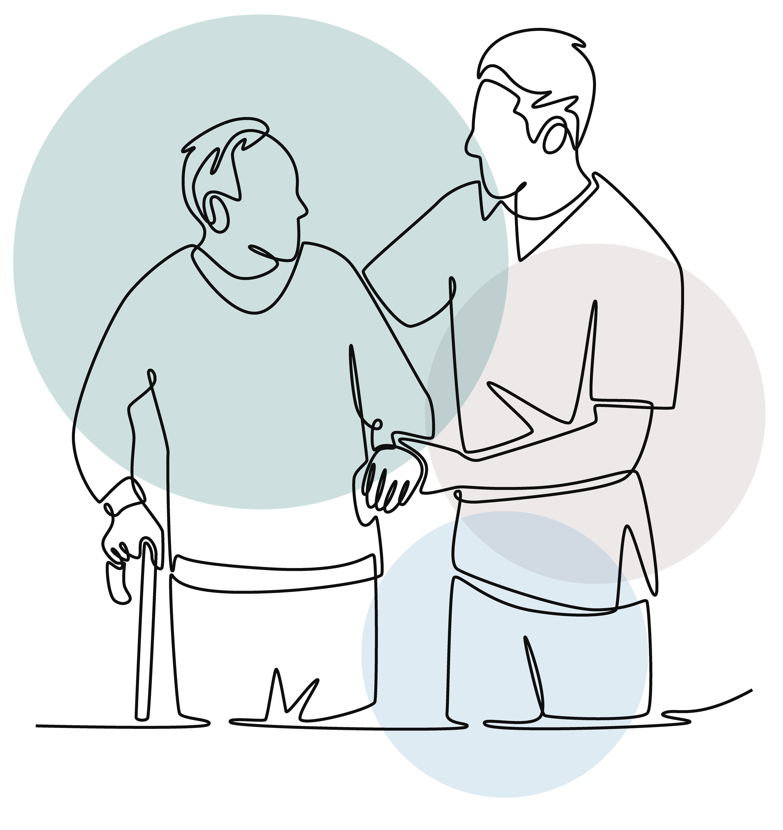 Line drawing of a healthcare worker caring for an elderly man with a cane, both standing together, with colored circles in the background.
