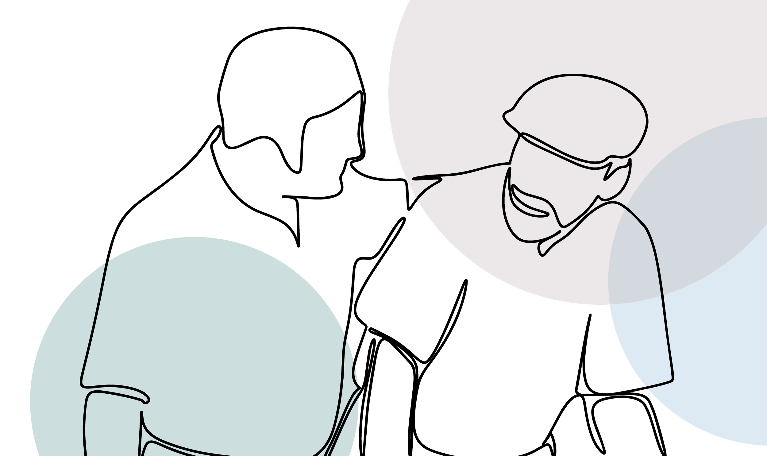 Line art style illustration of two people sitting and talking, with overlapping colored abstract shapes in the background.