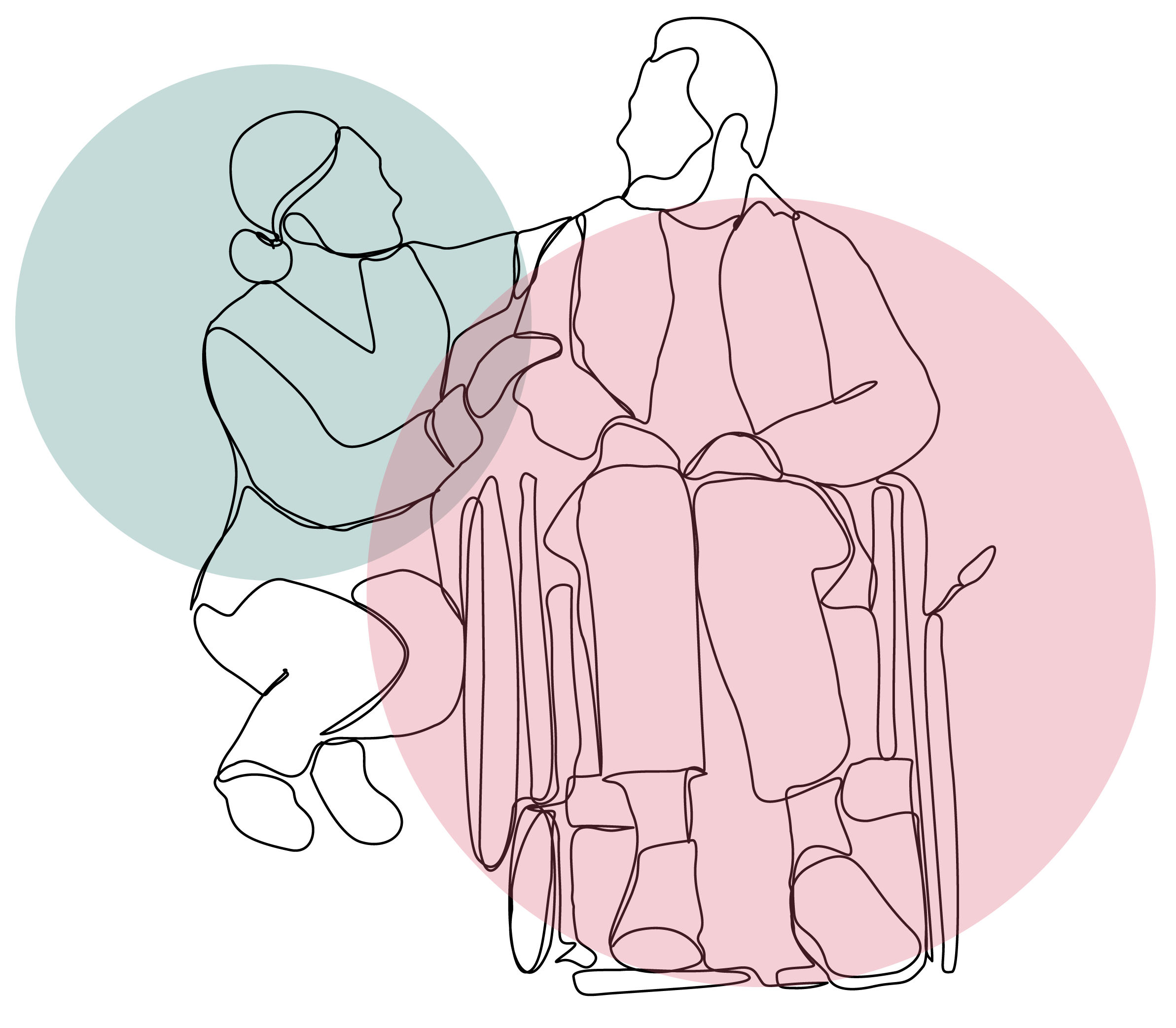 Line drawing of a woman comforting an elderly man sitting in a wheelchair.