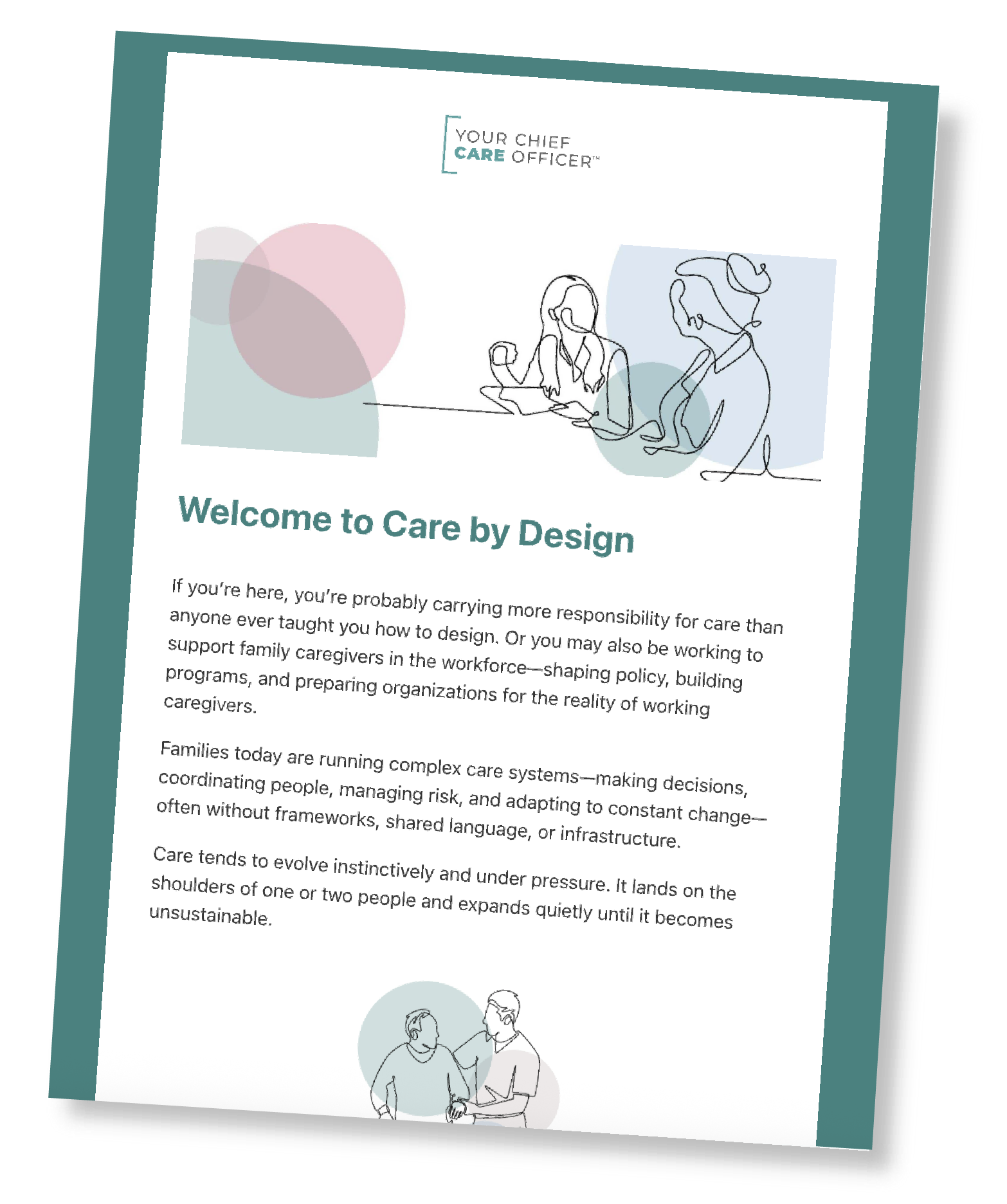Cover page of a booklet titled 'Welcome to Care by Design,' with an illustration of two women at a desk using headsets, and an illustration of two people shaking hands at the bottom.