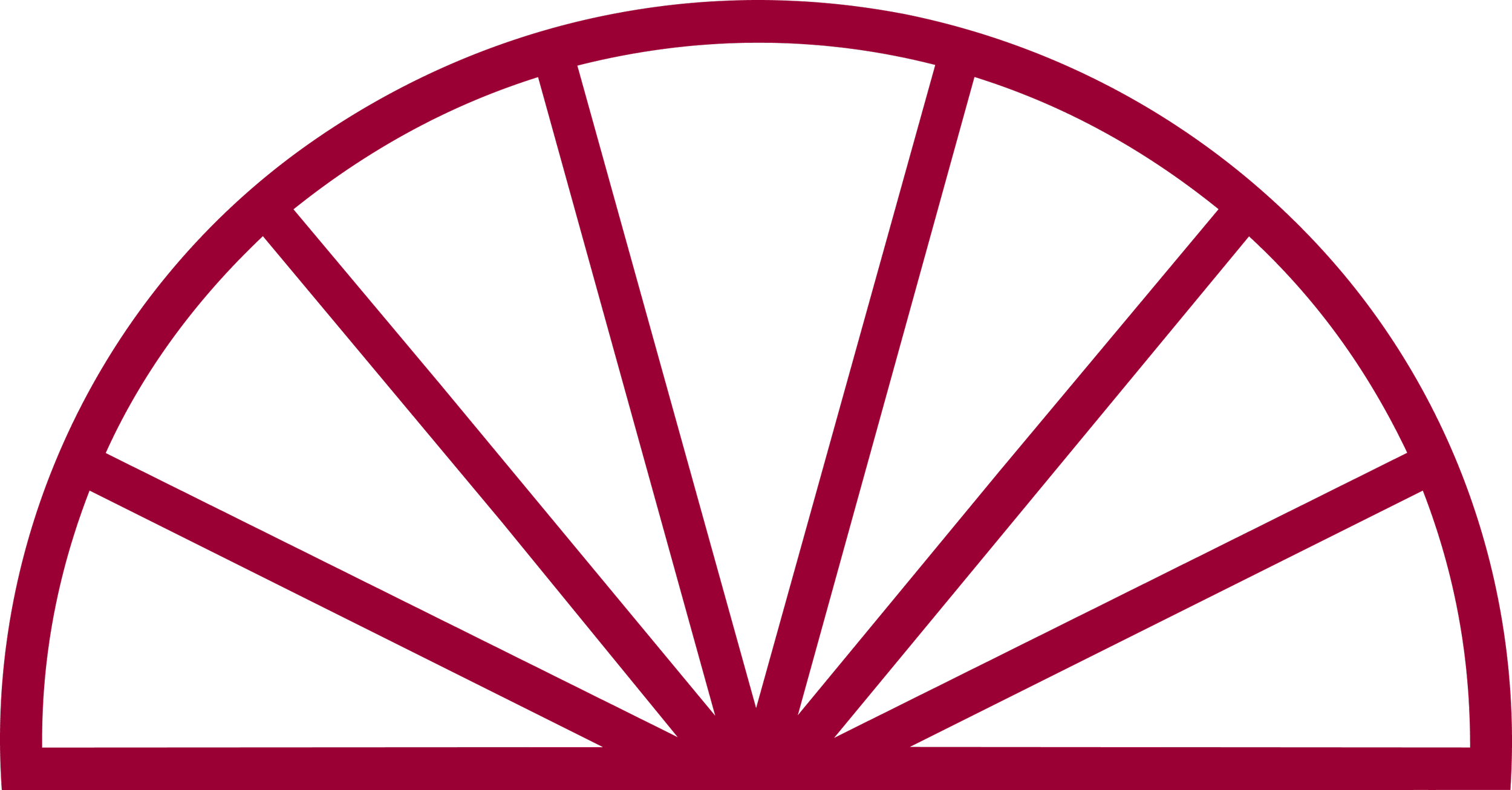 A stylized maroon outline of a fan or shell, with geometric lines forming a semi-circular pattern on a black background.