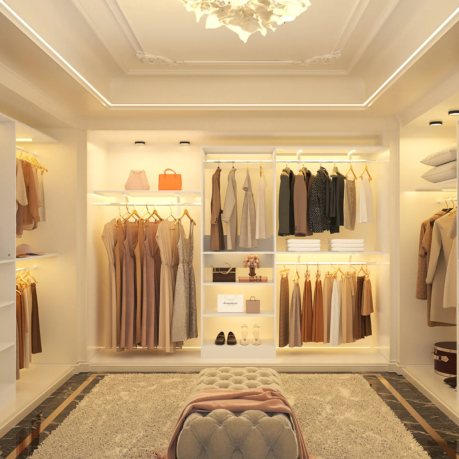 A walk-in closet with neatly organized clothing, handbags, shoes, and accessories, illuminated by soft lighting and decorated with a plush rug and a tufted bench in the center.