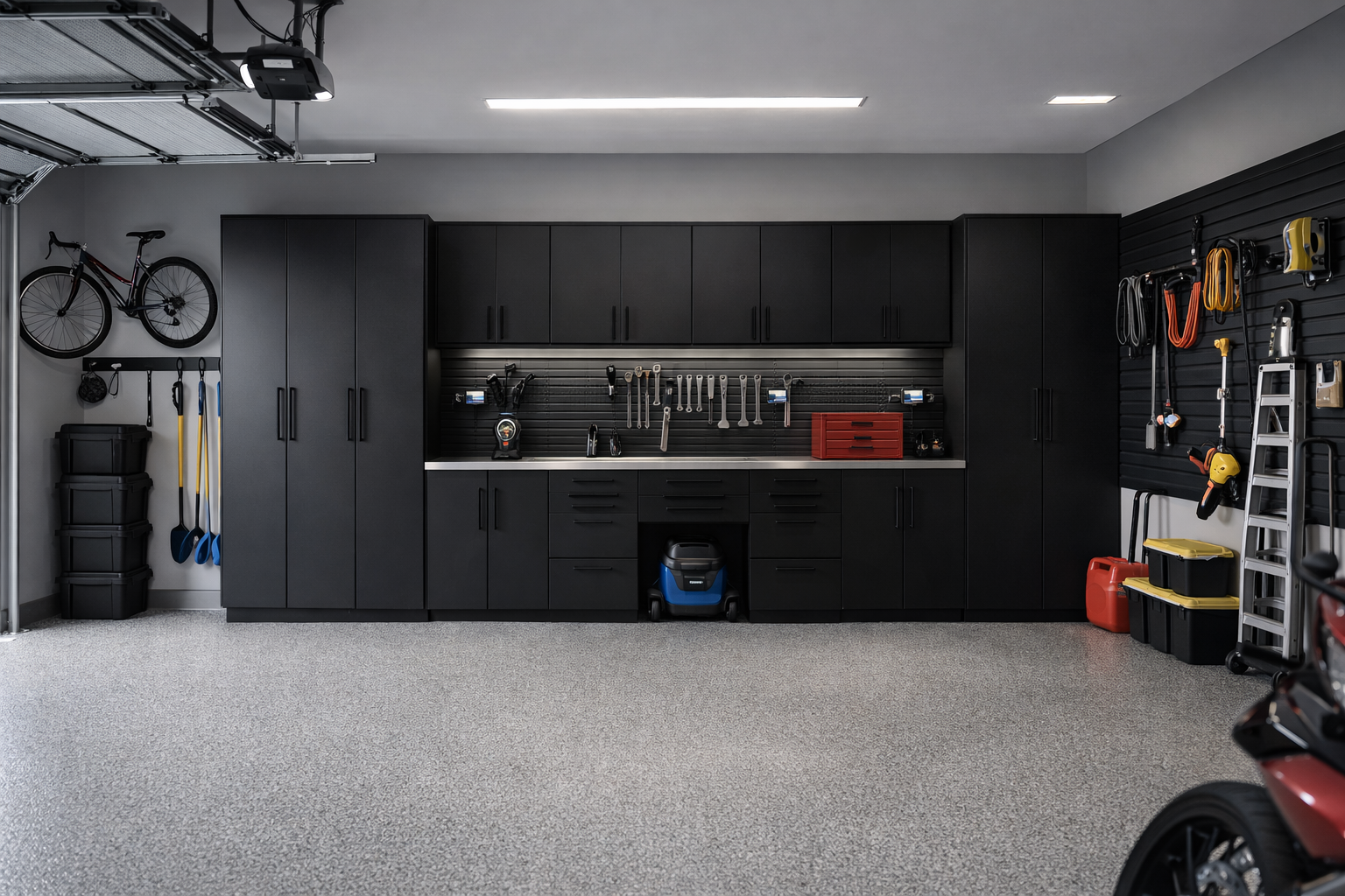 A well-organized garage with black storage cabinets, a pegboard with tools, and various garage items including a bicycle, storage bins, and a ladder.