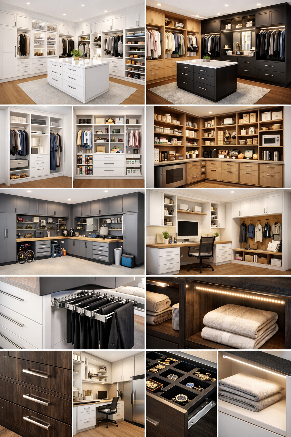 Multiple walk-in closets with organized clothing, shelves, and storage spaces in different styles and colors, including white, black, gray, and wood finishes.