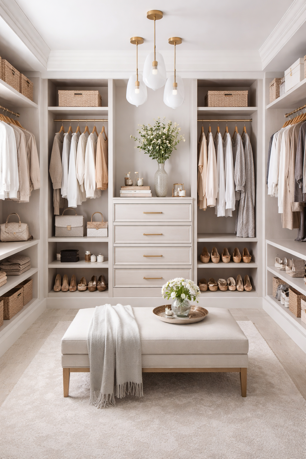 A walk-in closet with white walls, organized with shelves and hanging rods filled with neutral-colored clothes, shoes, and accessories. There is a bench in the center with a tray holding a glass pitcher with white flowers, and a cream-colored rug on the floor. Modern pendant lights hang from the ceiling.