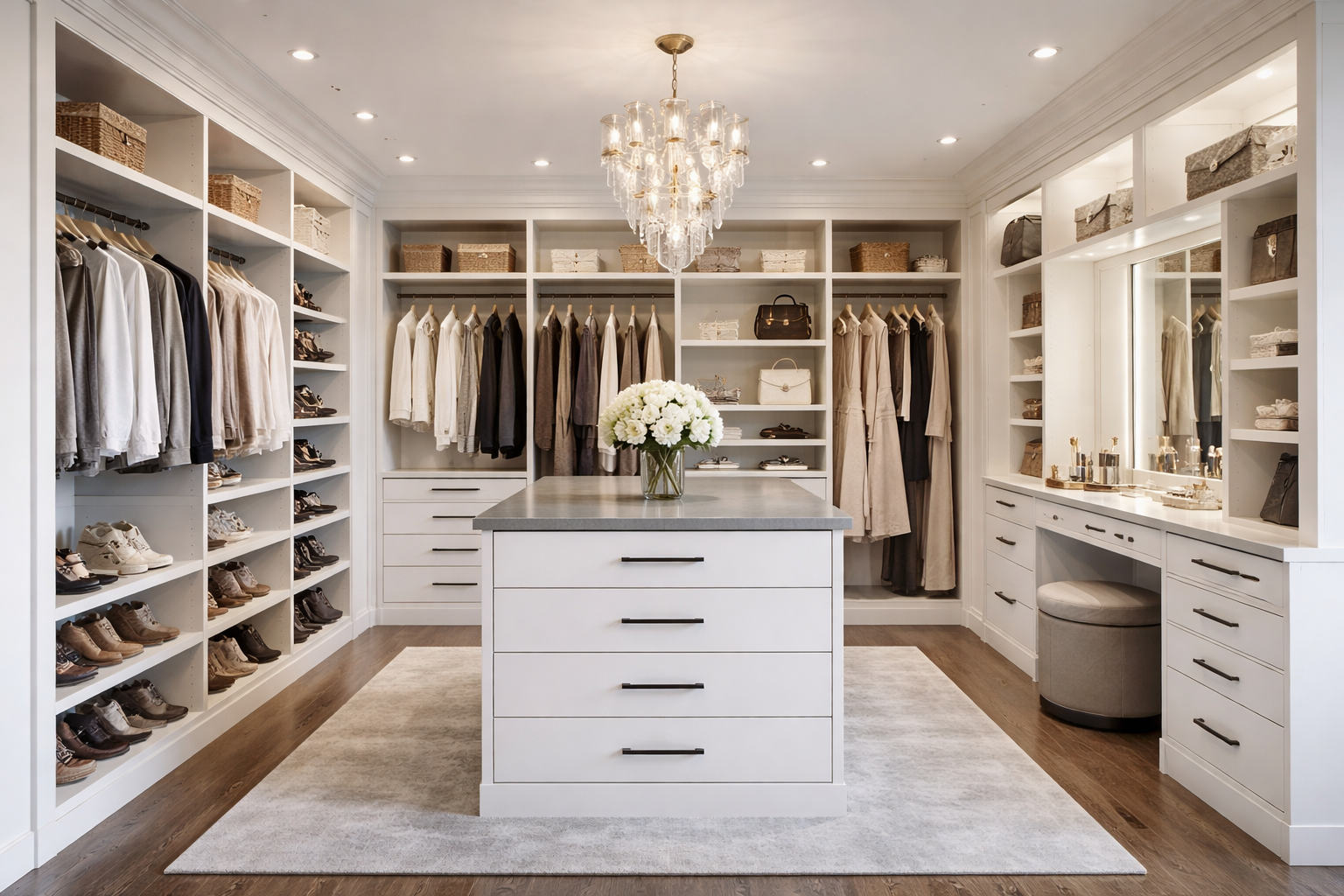 A spacious white walk-in closet with organized shelves of clothing, shoes, and accessories, a central island with drawers, and a vanity area with a mirror and seating.