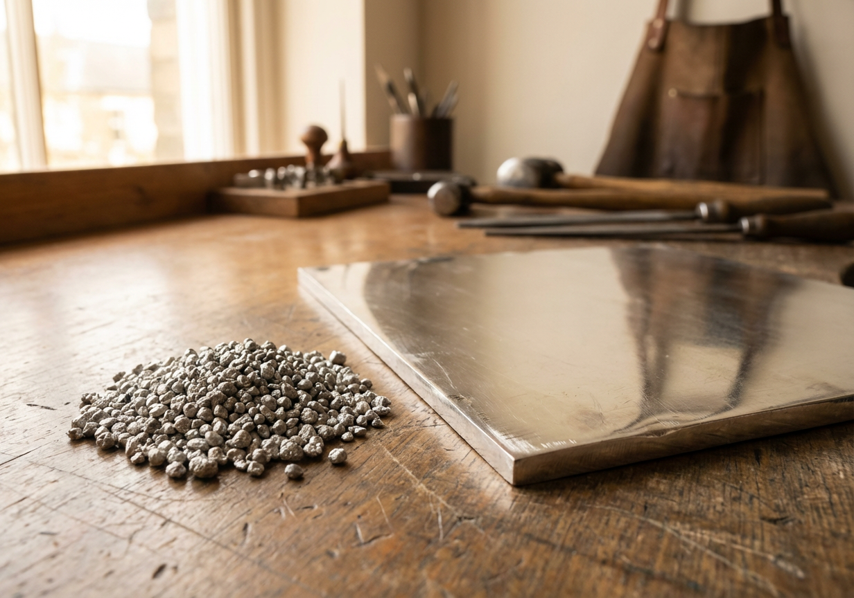 Raw silver grains and a polished sheet of silver prepared for handcrafted Fabergé egg production.