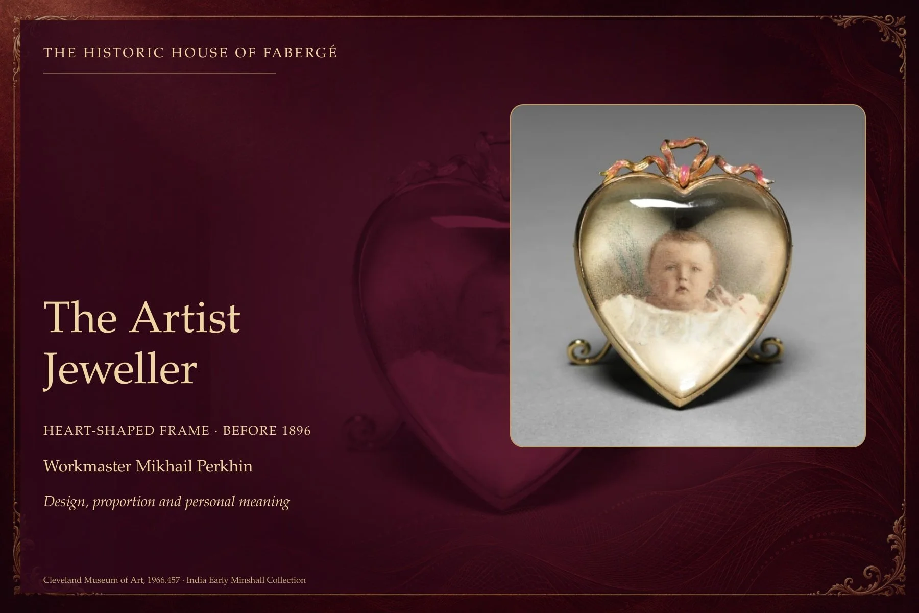 A historic gold and enamel heart-shaped photograph frame made under Fabergé workmaster Mikhail Perkhin before 1896.