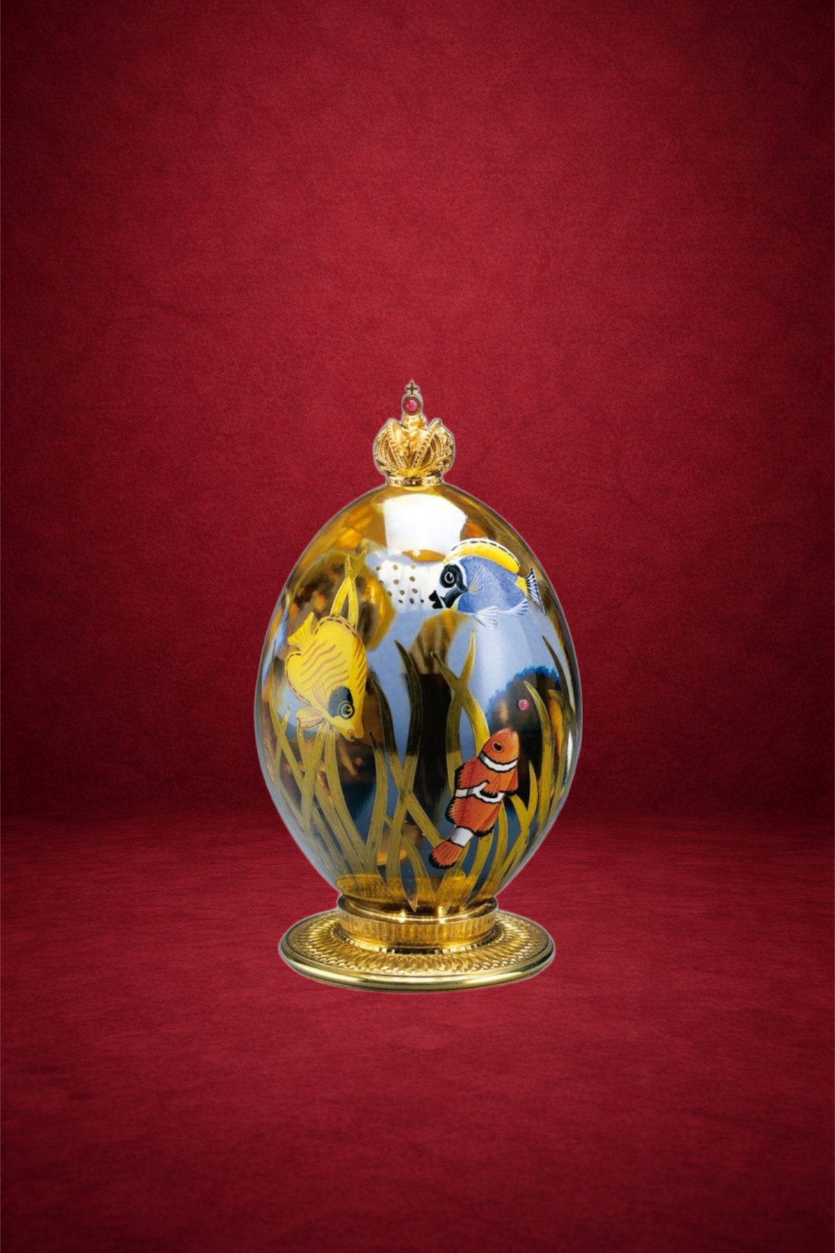 Ocean egg creation by Theo Fabergé inspired by marine life and oceanic landscapes crafted in enamel and gold.