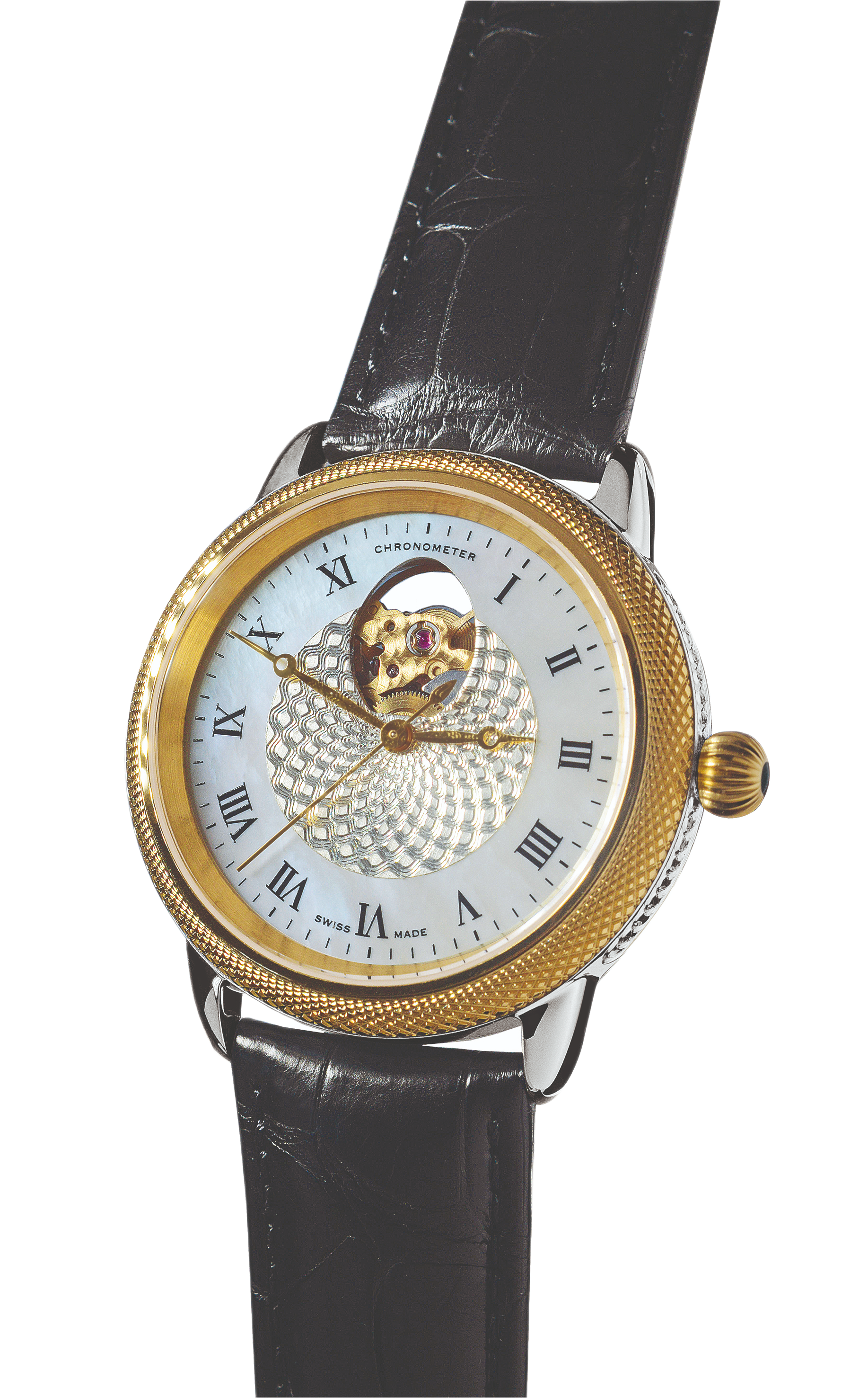 Theo Fabergé Series 4 chronometer model TF405 with 18 kt yellow gold bezel, sterling silver case and mother of pearl engine-turned dial featuring the Fabergé egg cut-out.