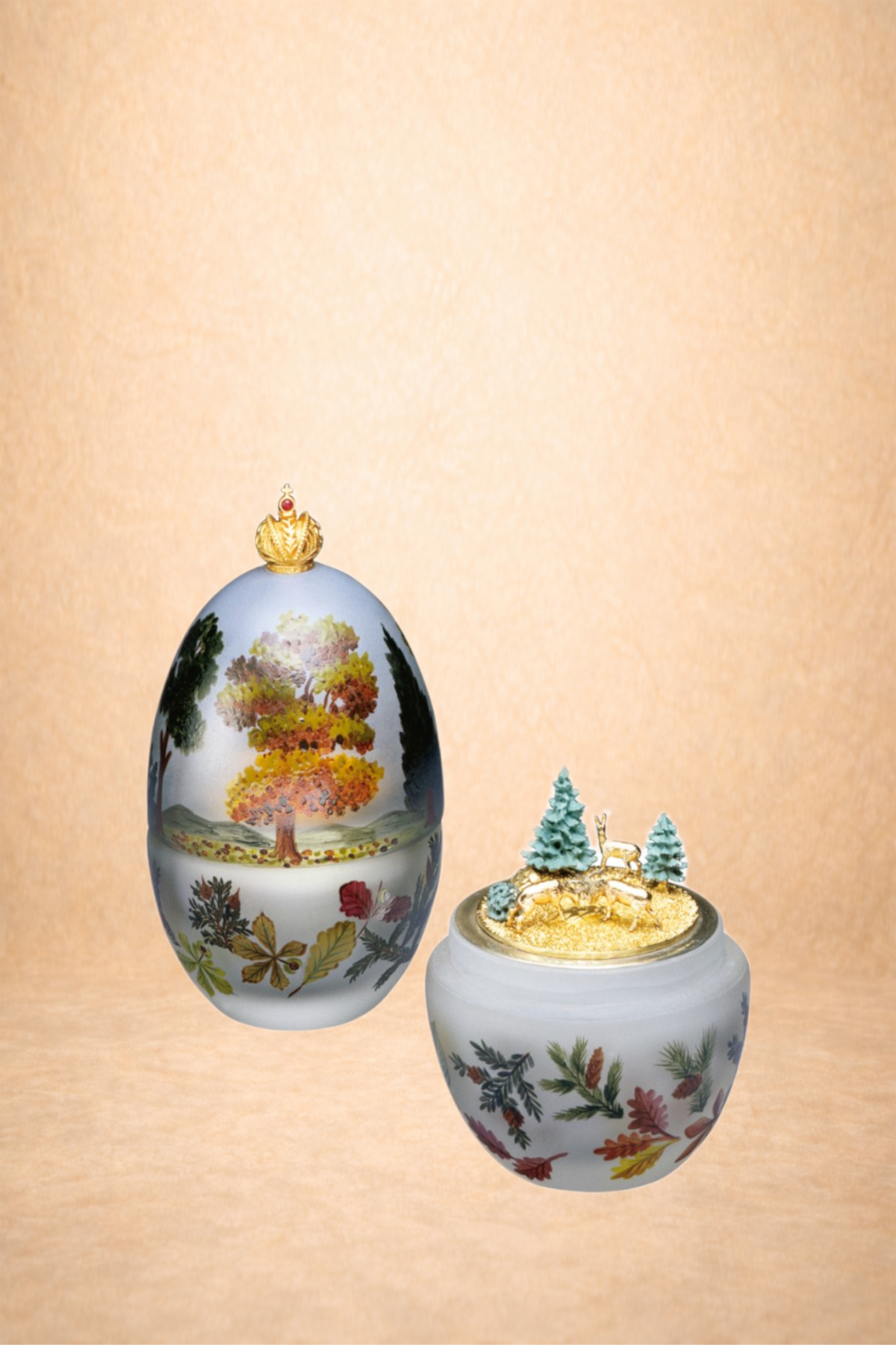 Decorative Christmas-themed painted eggs and a miniature forest scene with trees and a deer