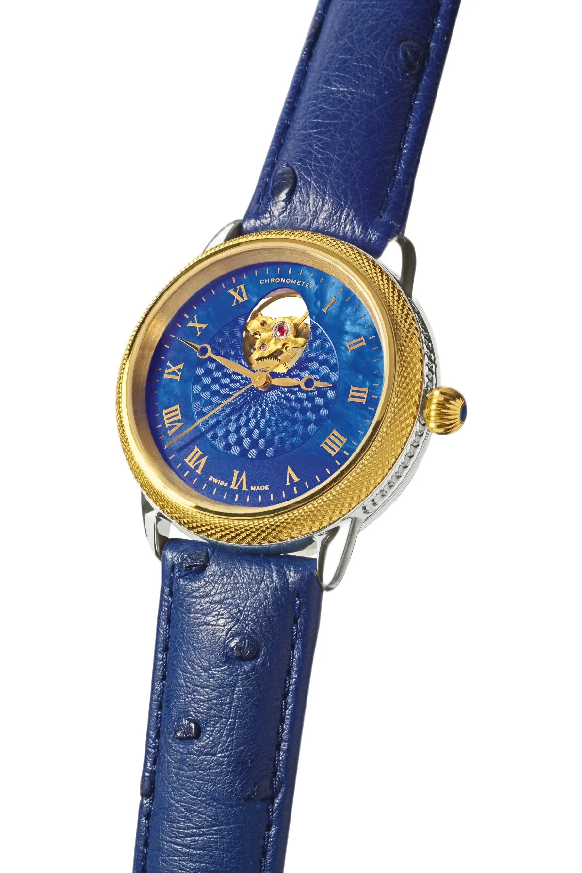 Theo Fabergé Series 4 chronometer model TF409 with 18 kt yellow gold bezel, sterling silver case and blue enamel dial featuring the Fabergé egg cut-out display.
