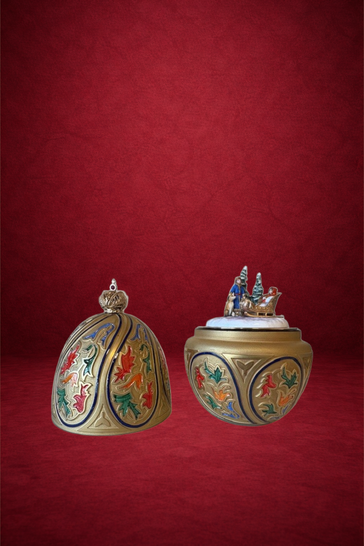 Russian Winter egg creation by Theo Fabergé inspired by snowy winter landscapes crafted with enamel and gold.