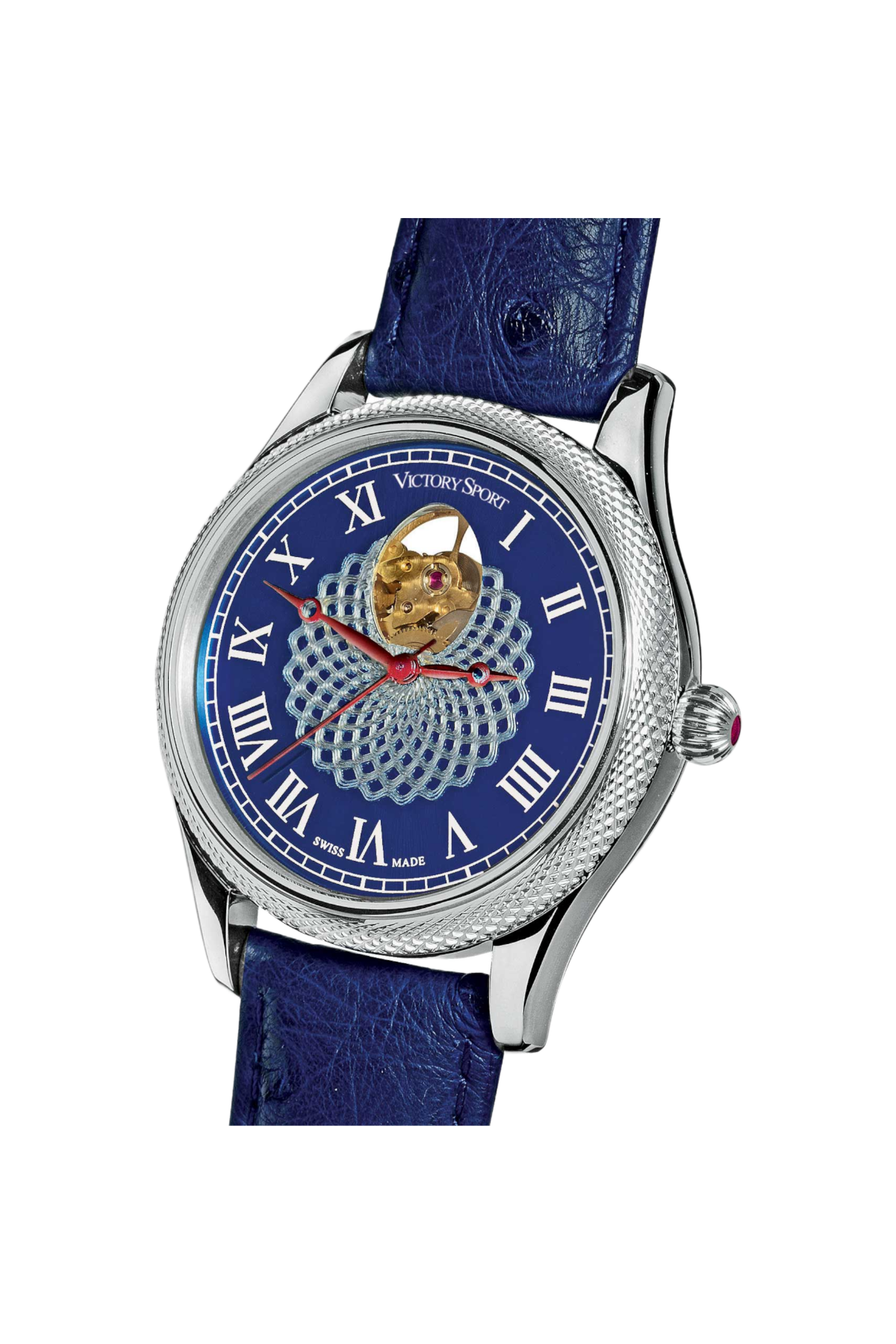 Theo Fabergé Series 9 Victory sports watch model TF918 featuring blue dial, sterling silver bezel, red hands and the signature Fabergé egg cut-out design.