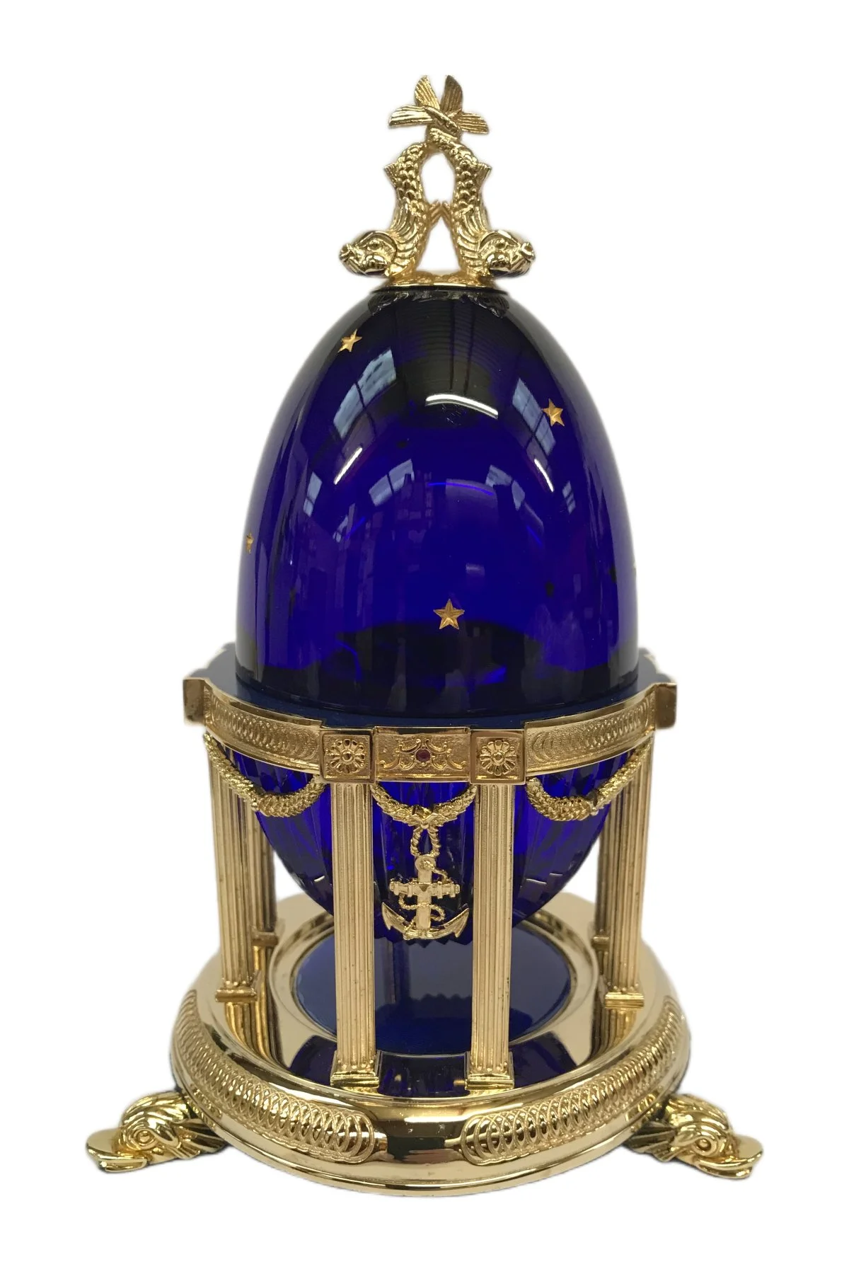 Mayflower egg creation by Theo Fabergé commemorating the historic Mayflower voyage with enamel and gold detailing.