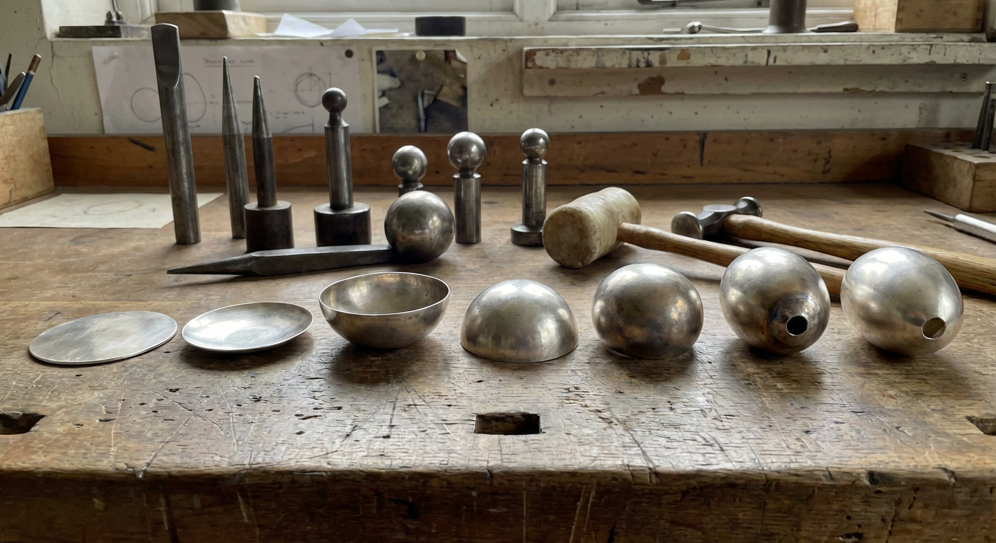 Silversmith tools and silver hemispheres used to shape the structure of a Fabergé egg by hand.