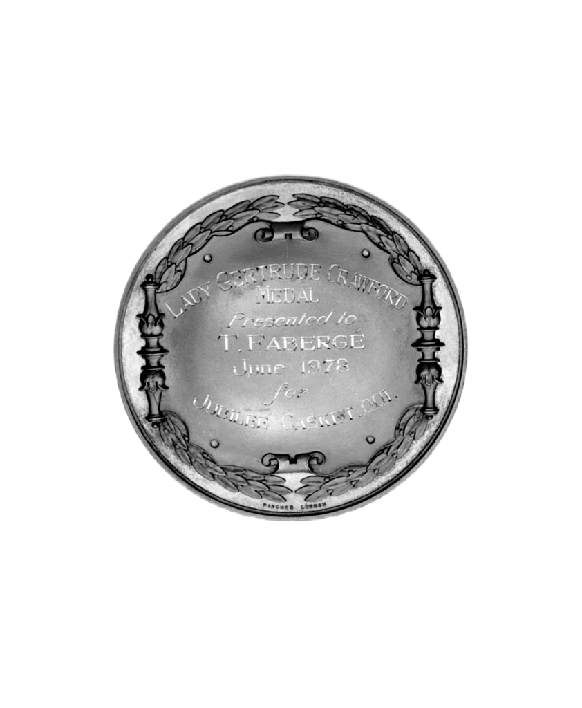Lady Gertrude Crawford Medal presented to Theo Fabergé in June 1978 for the Jubilee Casket, awarded by the Worshipful Company of Goldsmiths.