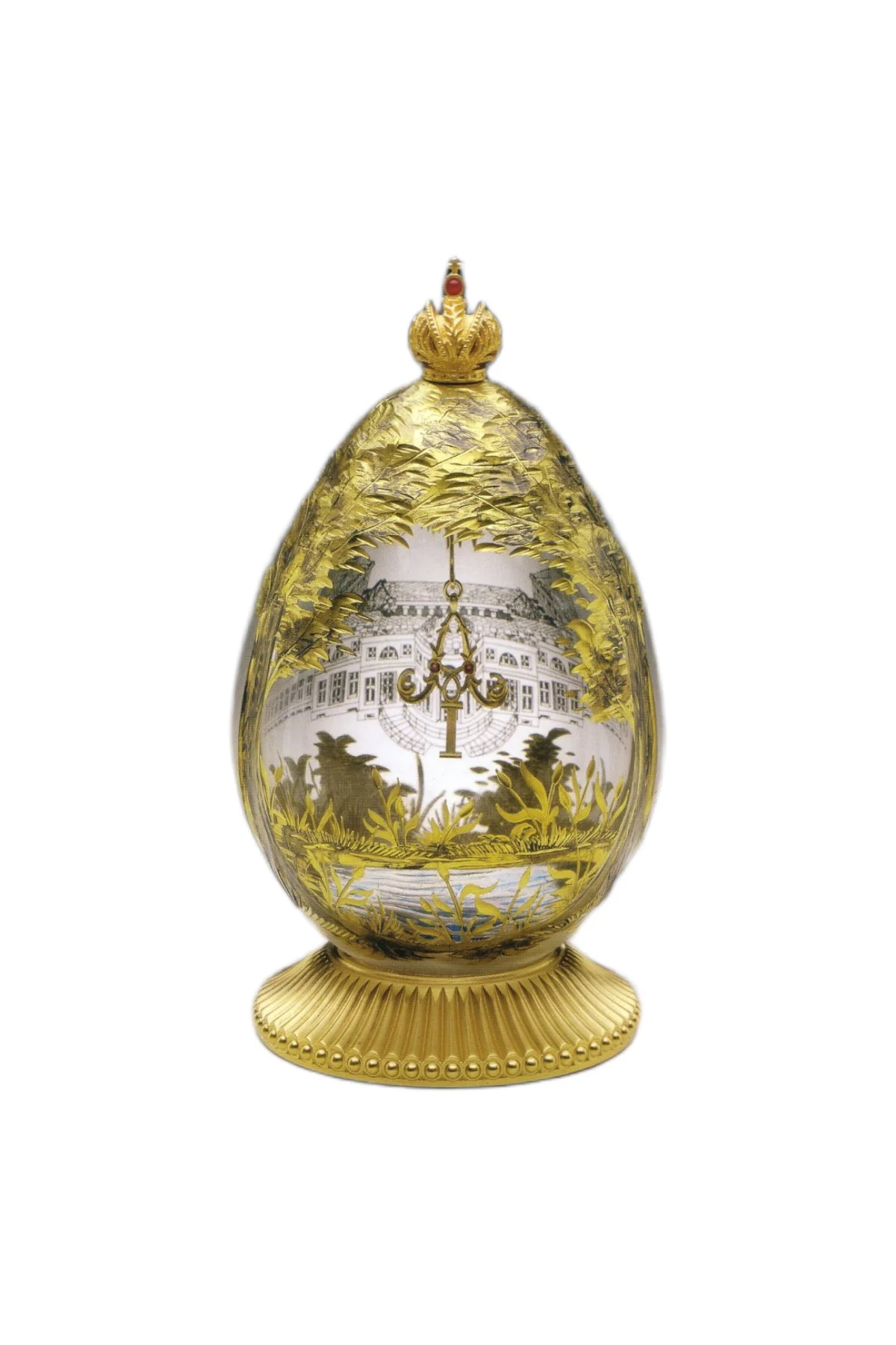 Alexander Palace Egg Creation by Theo Fabergé with gold, enamel and gemstone details.