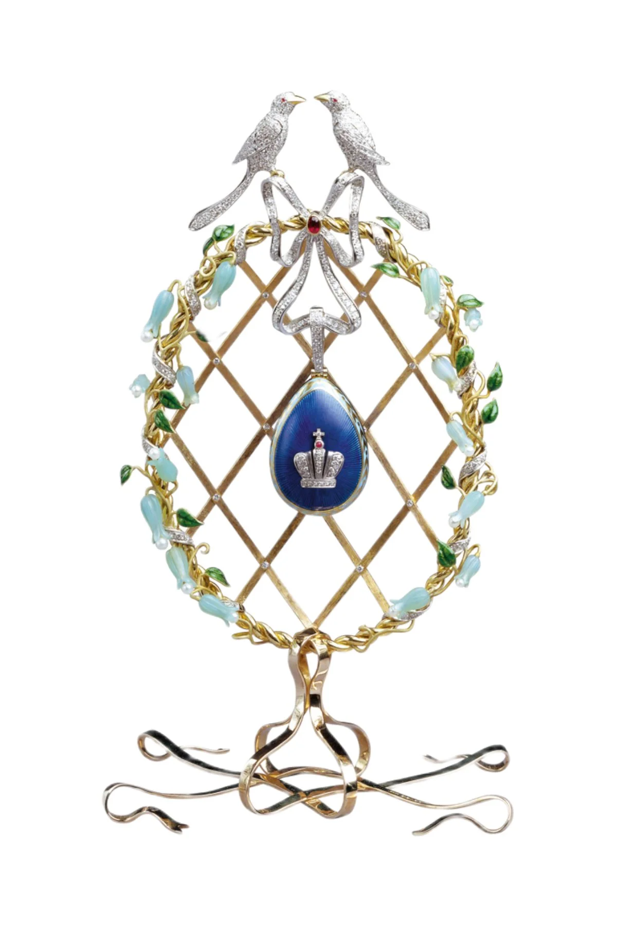 Loving Birds Passion egg creation by Theo Fabergé featuring romantic bird motifs crafted with gold and enamel.
