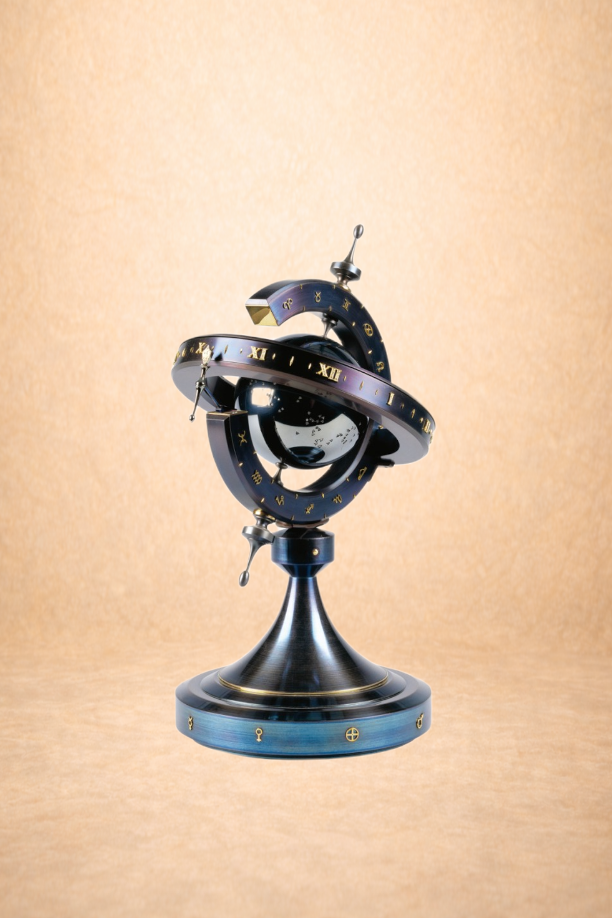 A decorative planetary model with rings, containing Roman numerals and symbols, mounted on a stand against a beige background.