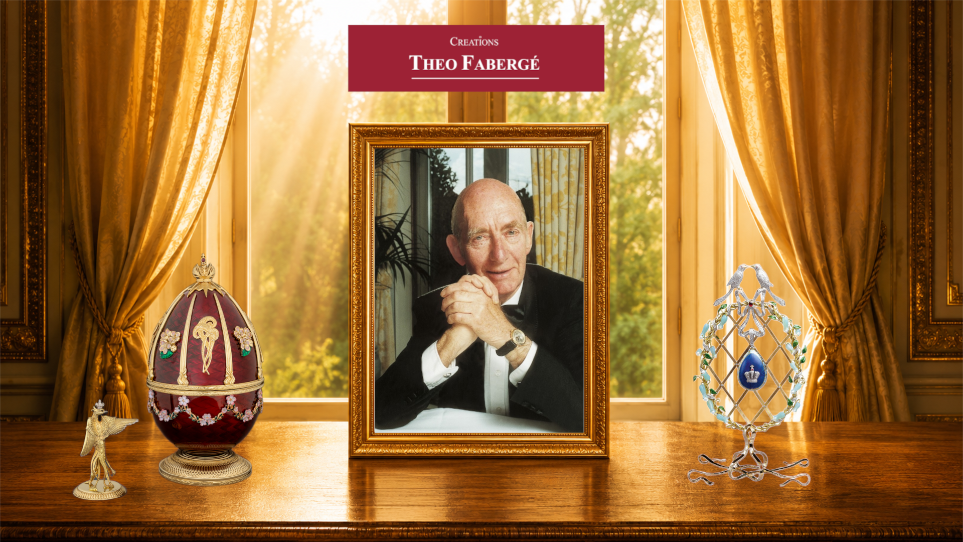 A framed portrait of an elderly man with a contemplative expression sitting at a wooden table surrounded by royal and decorative objects, with a window and yellow curtains in the background.