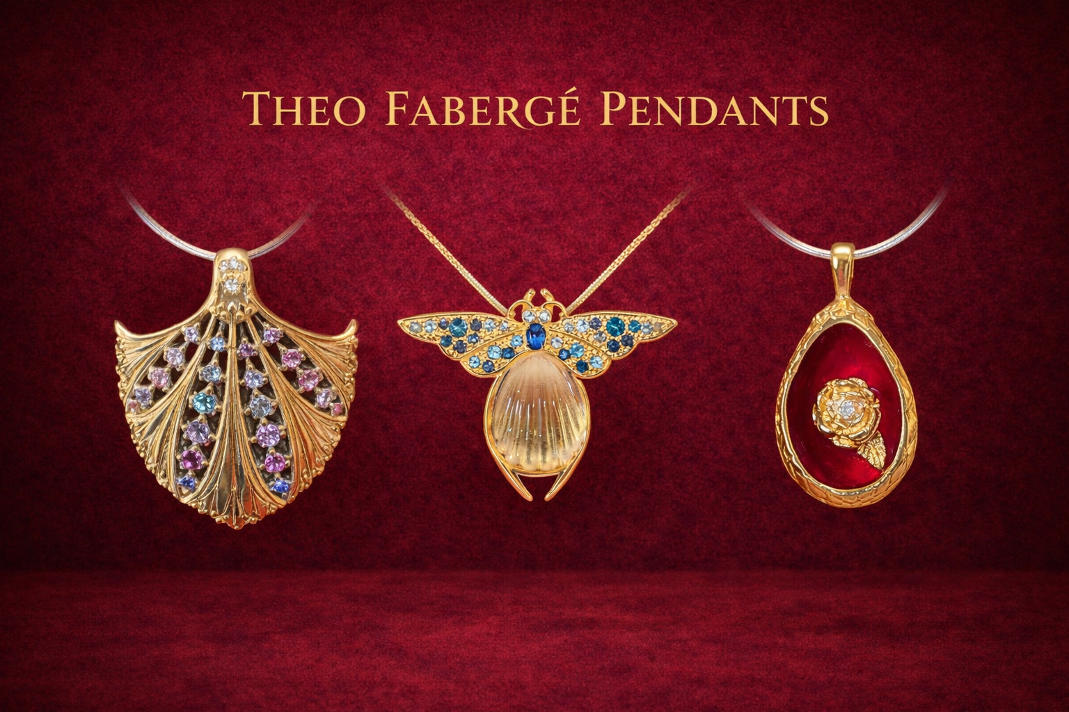 Theo Fabergé pendants crafted in gold with enamel and gemstone detailing reflecting the heritage of Fabergé craftsmanship.