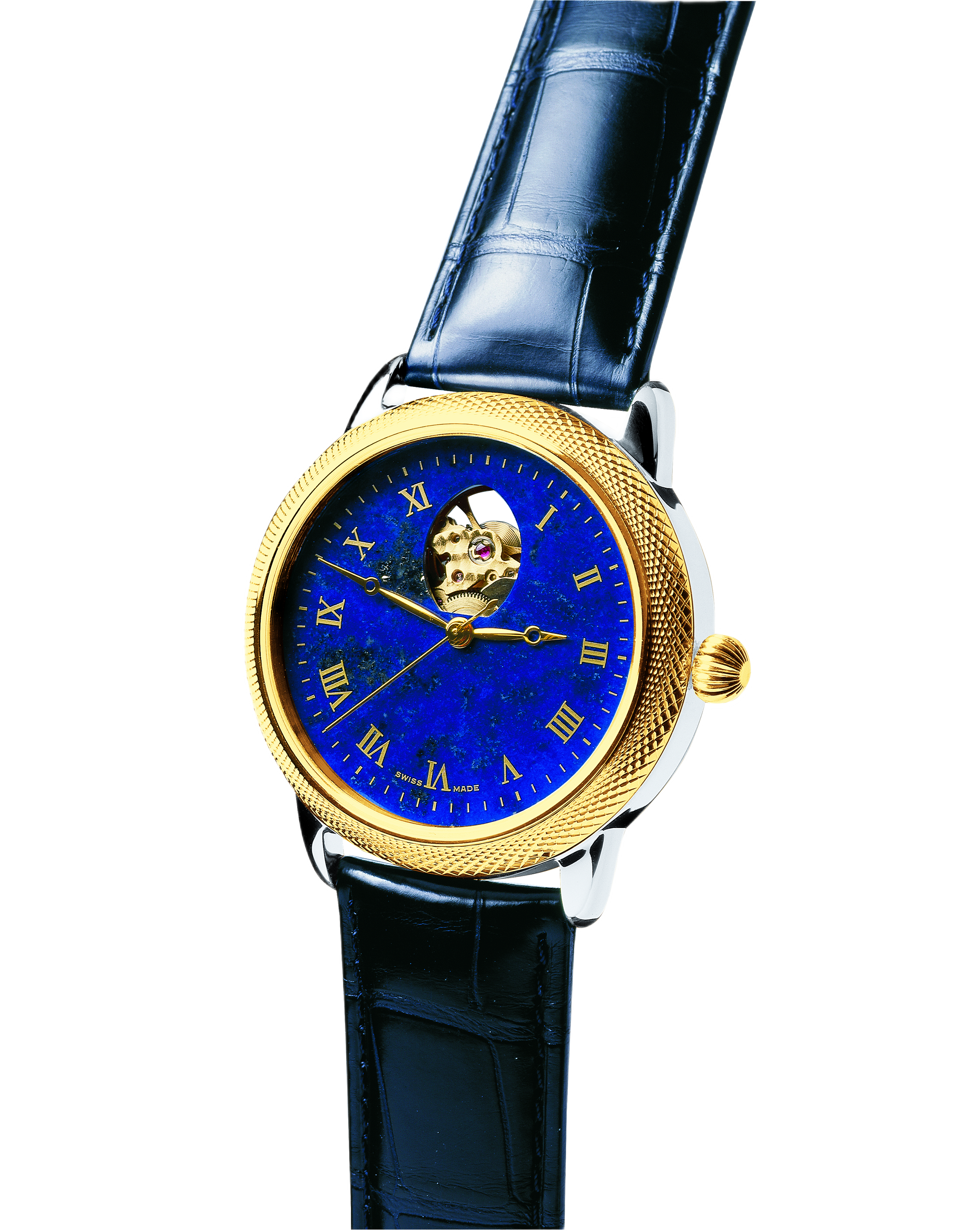 Theo Fabergé Series 4 chronometer model TF403 with 18 kt yellow gold bezel, sterling silver case and lapis lazuli dial with Fabergé egg cut-out revealing the Swiss movement.