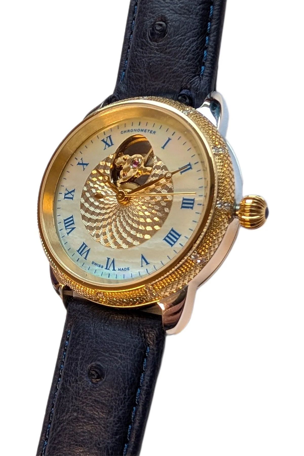 Theo Fabergé Series 4 chronometer model TF410 with 18 kt yellow gold bezel, sterling silver case and blue enamel dial featuring the Fabergé egg cut-out display.
