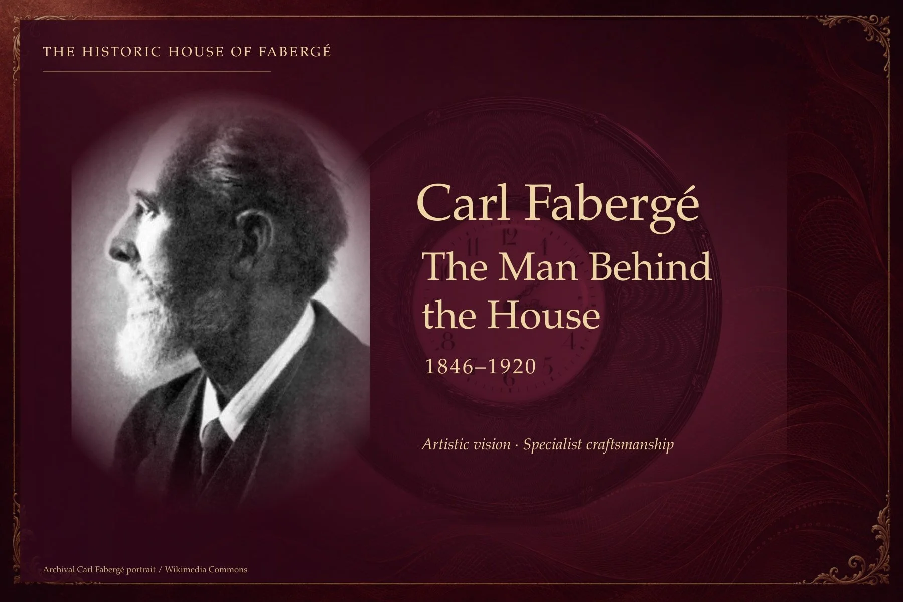 Archival portrait of Carl Fabergé with the heading The Man Behind the House and his life dates, 1846–1920.