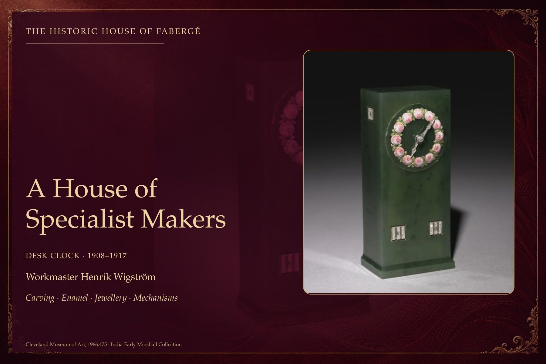 A nephrite desk clock made under Fabergé workmaster Henrik Wigström between 1908 and 1917, with enamel rose hour markers and diamond-set hands.