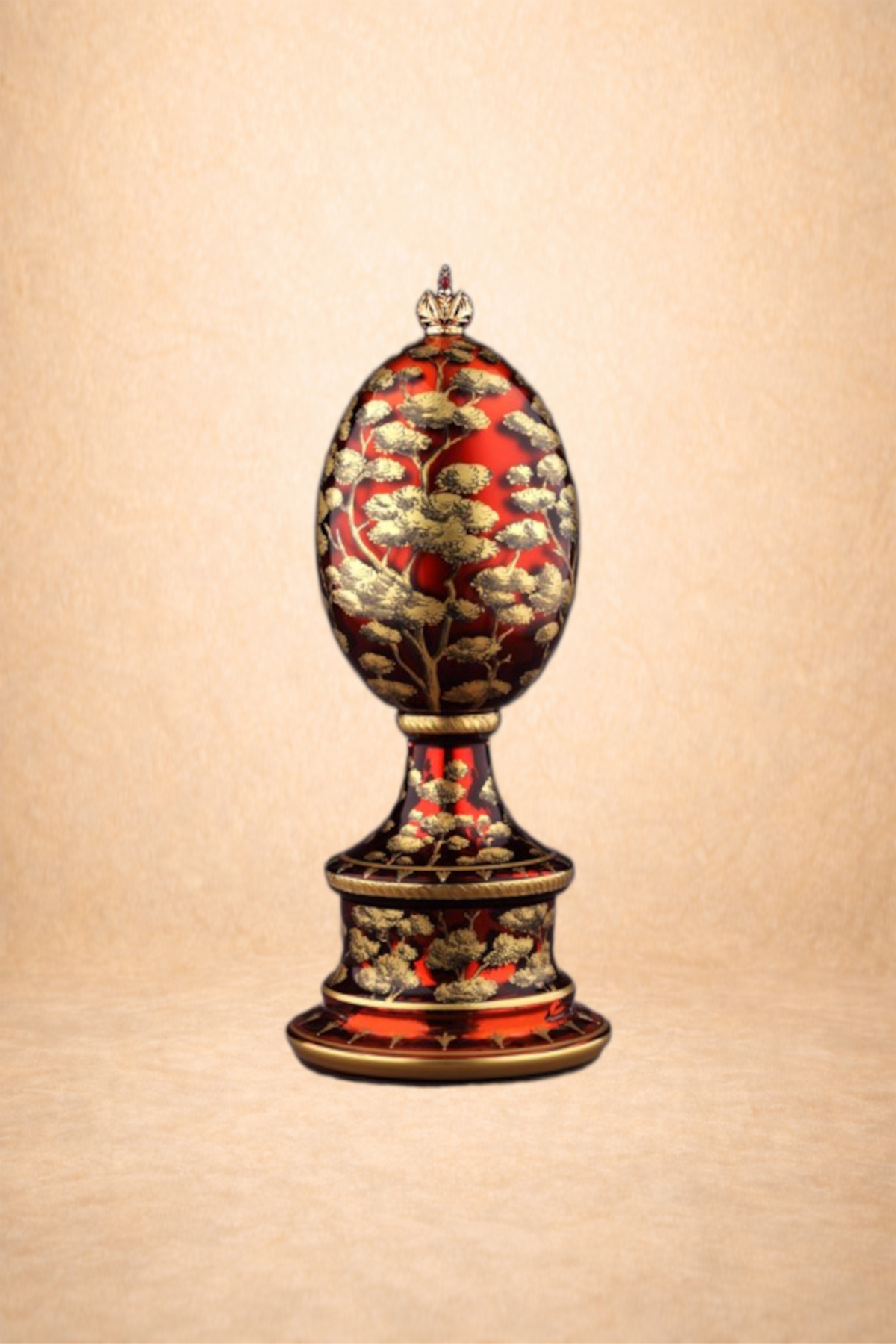 A decorative egg-shaped object with intricate gold and red floral patterns, mounted on a matching stand, set against a plain background.