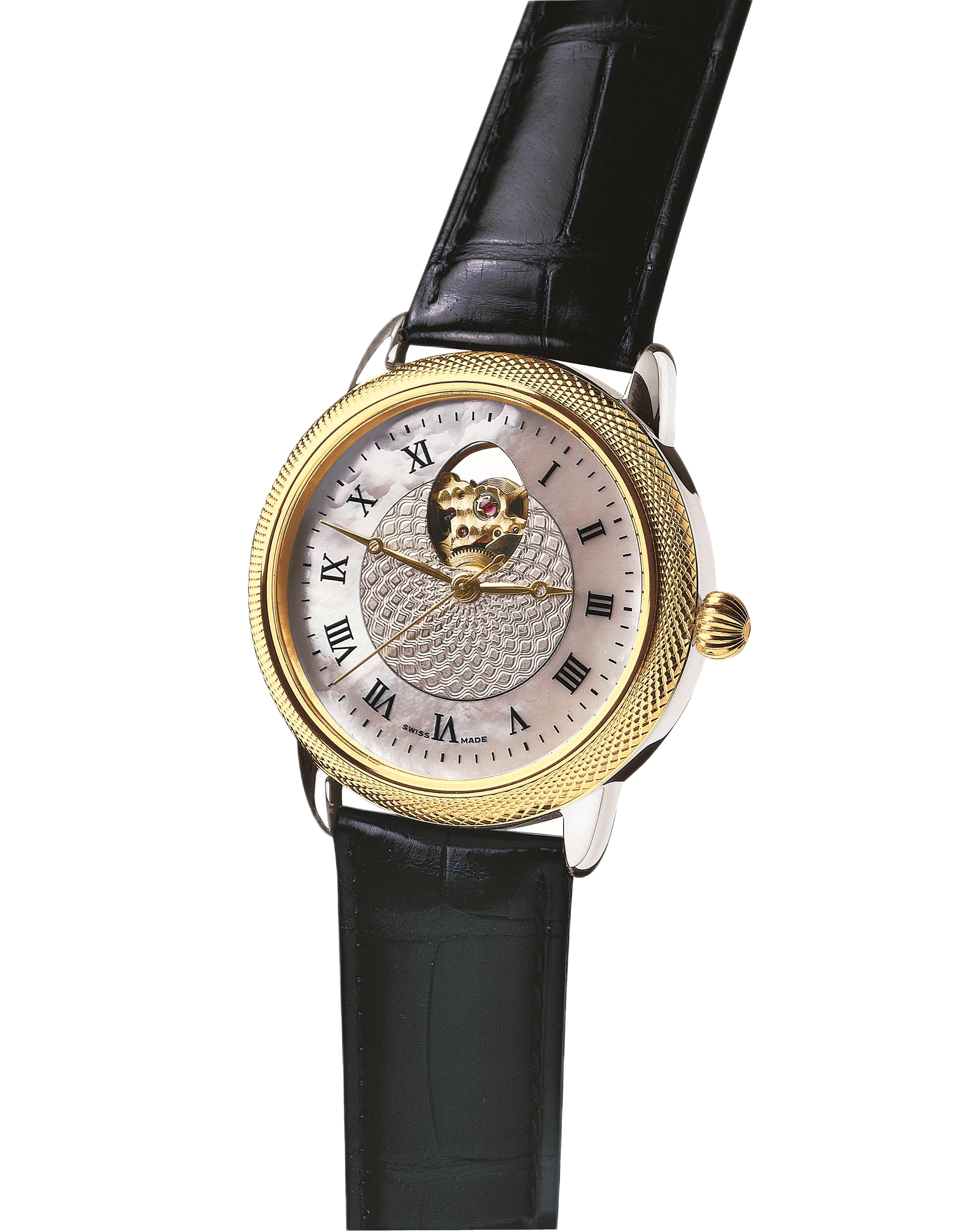 Theo Fabergé Series 4 chronometer model TF401 with 18 kt yellow gold bezel, sterling silver case and mother of pearl engine-turned dial featuring the Fabergé egg cut-out design.