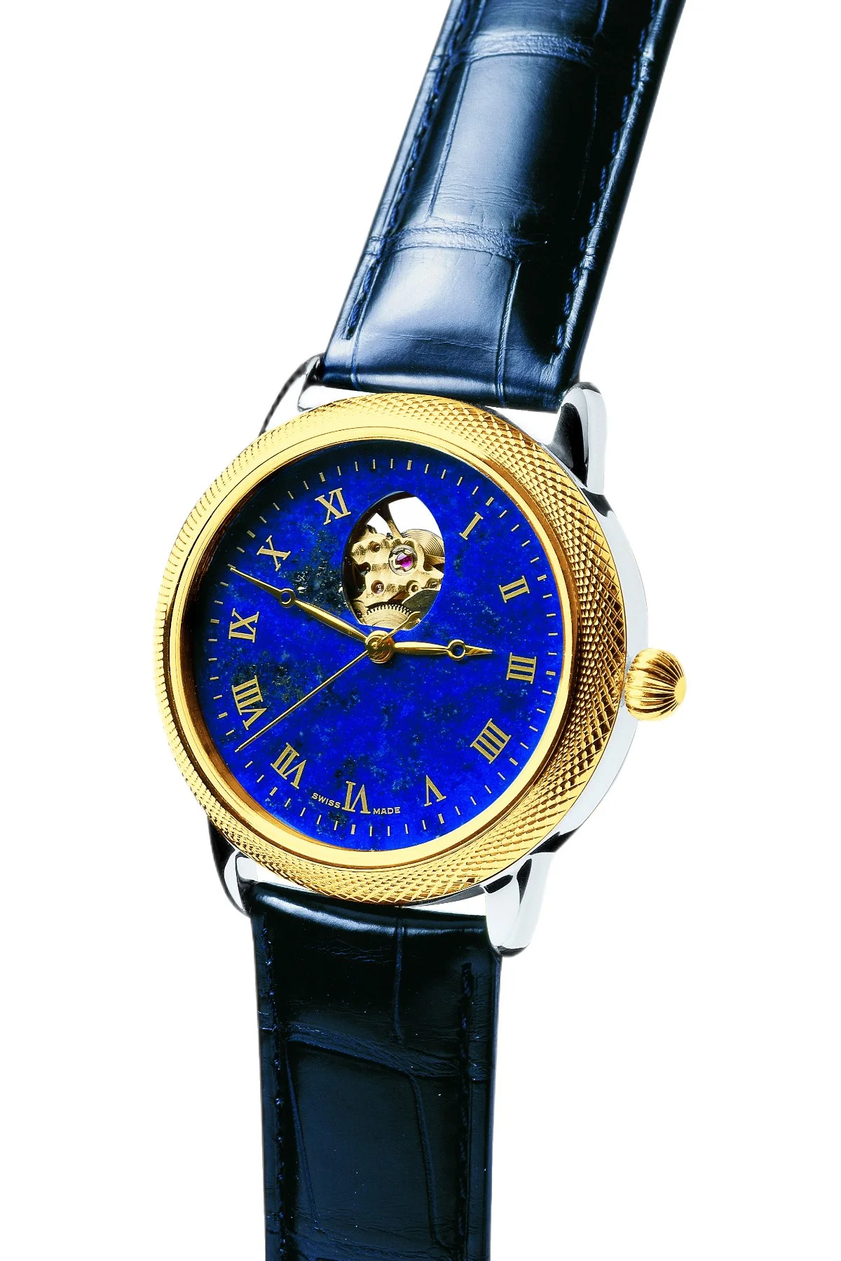 Theo Fabergé Series 4 chronometer model TF403 with 18 kt yellow gold bezel, sterling silver case and lapis lazuli dial with Fabergé egg cut-out revealing the Swiss movement.