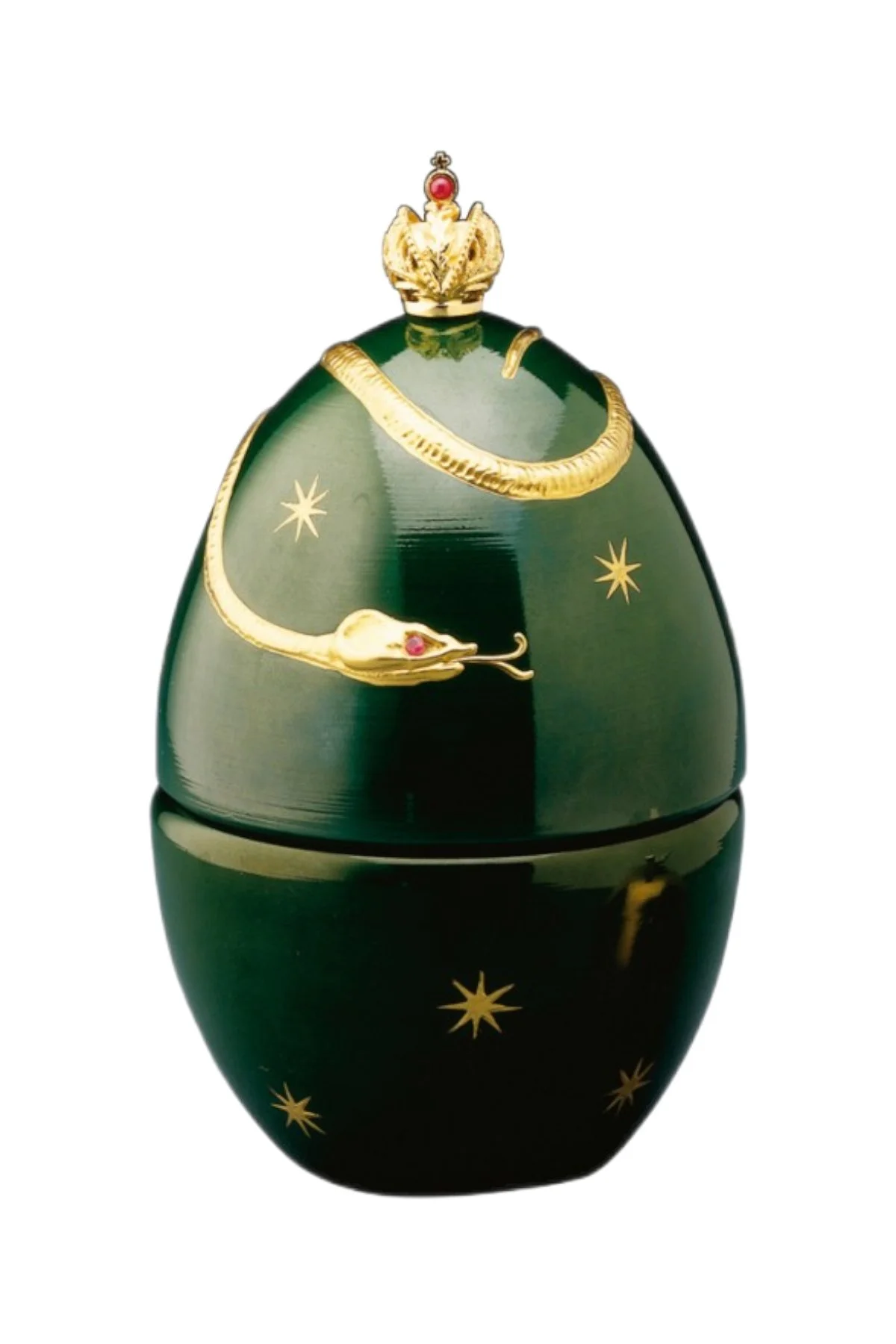 Devil egg creation by Theo Fabergé with dramatic red enamel and gold detailing inspired by mythic symbolism.