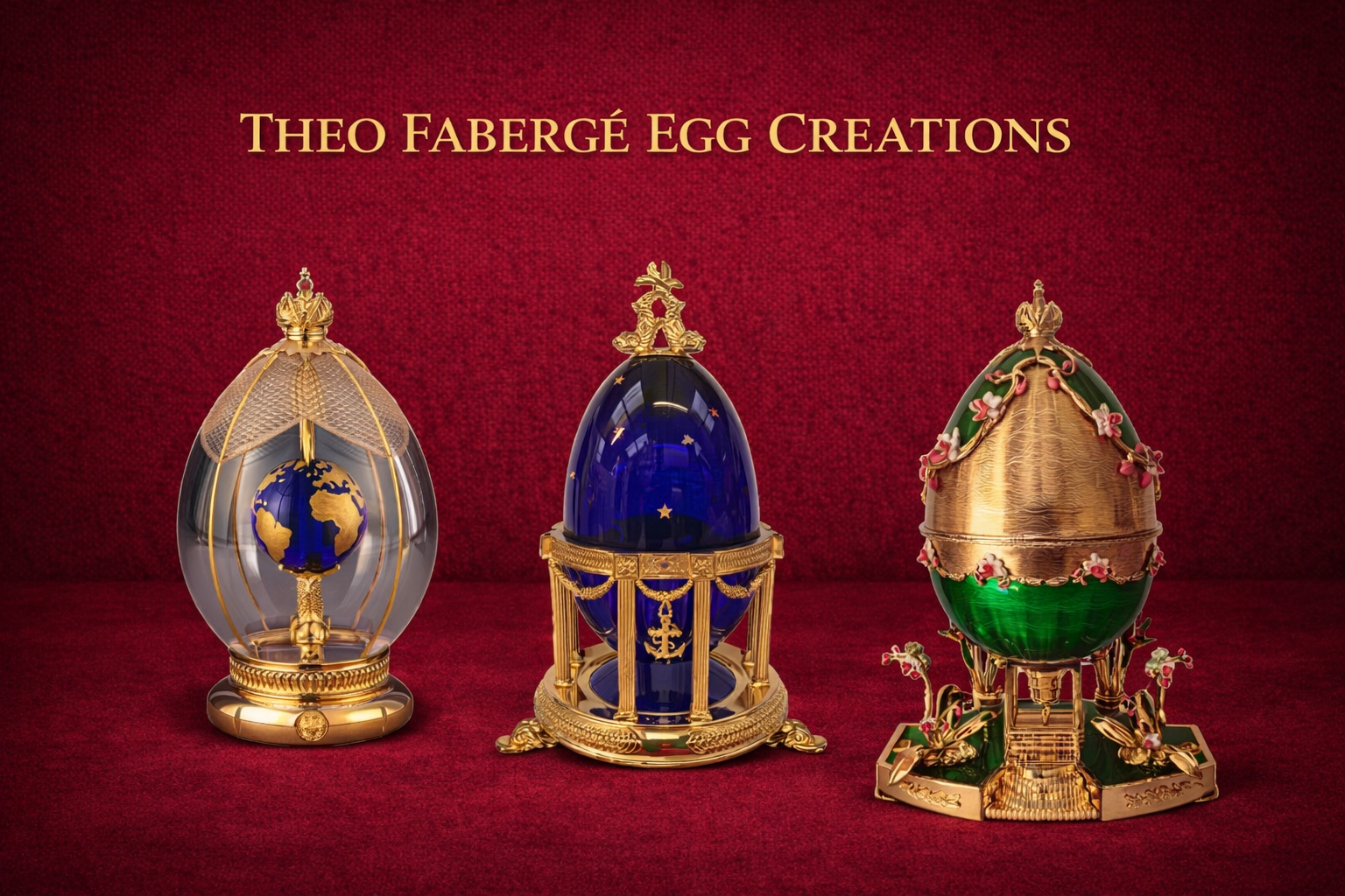 Three ornate Fabergé-style egg creations with gold accents, intricate designs, and decorative toppers displayed on a red background with the text 'Theo Fabergé Egg Creations' above.