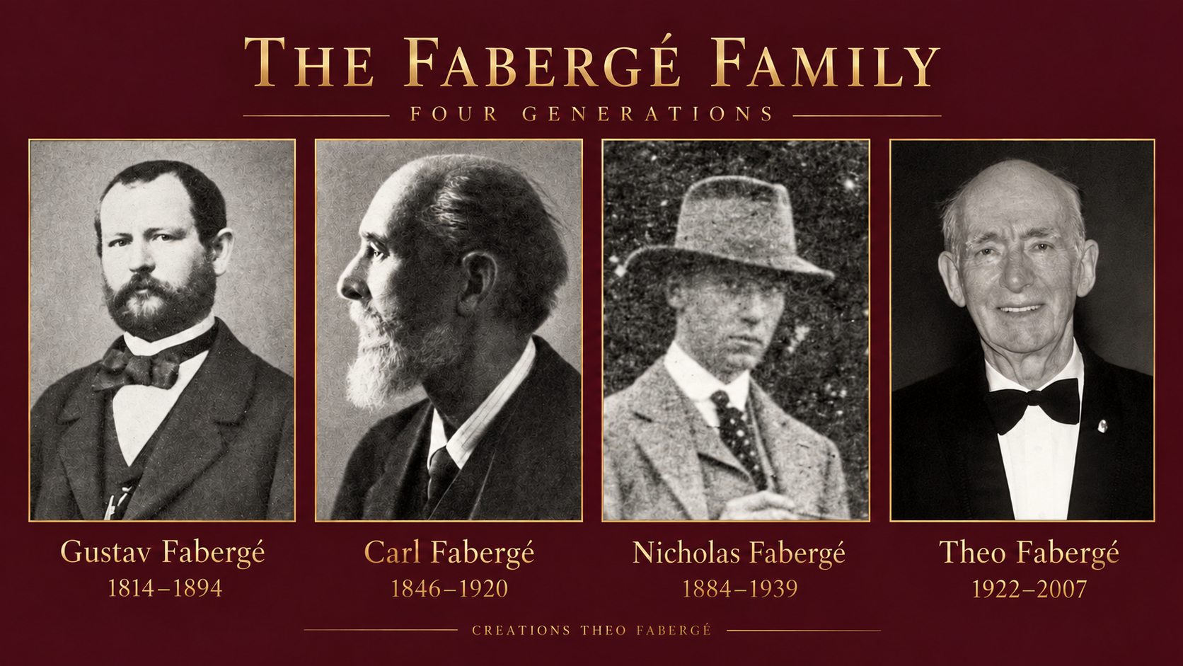 Four generations of the Fabergé family: Gustav Fabergé (1814–1894), Carl Fabergé (1846–1920), Nicholas Fabergé (1884–1939) and Theo Fabergé (1922–2007), pictured from left to right.