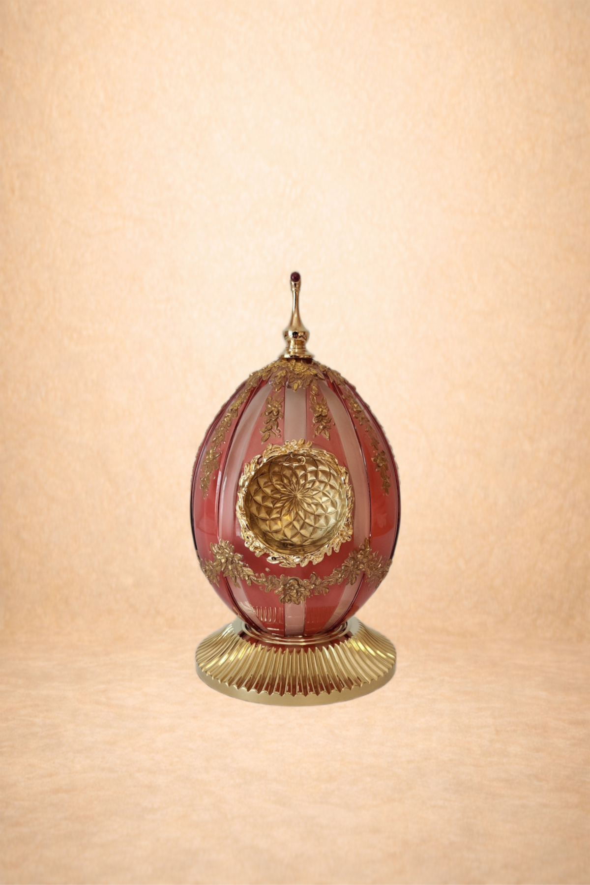A decorative, ornate pink and gold jewel container with intricate gold detailing, standing on a gold ribbed base.
