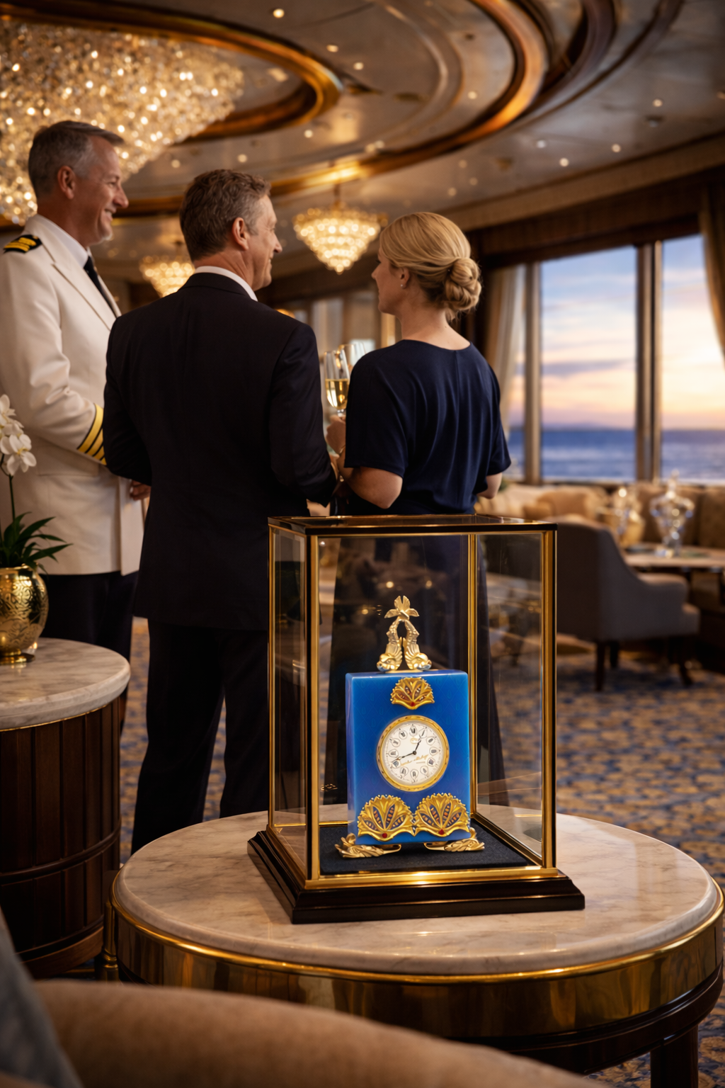 People dressed in formal attire talking in an elegant room with large windows showing a sunset over the ocean, with a display case featuring a decorative clock in the foreground.