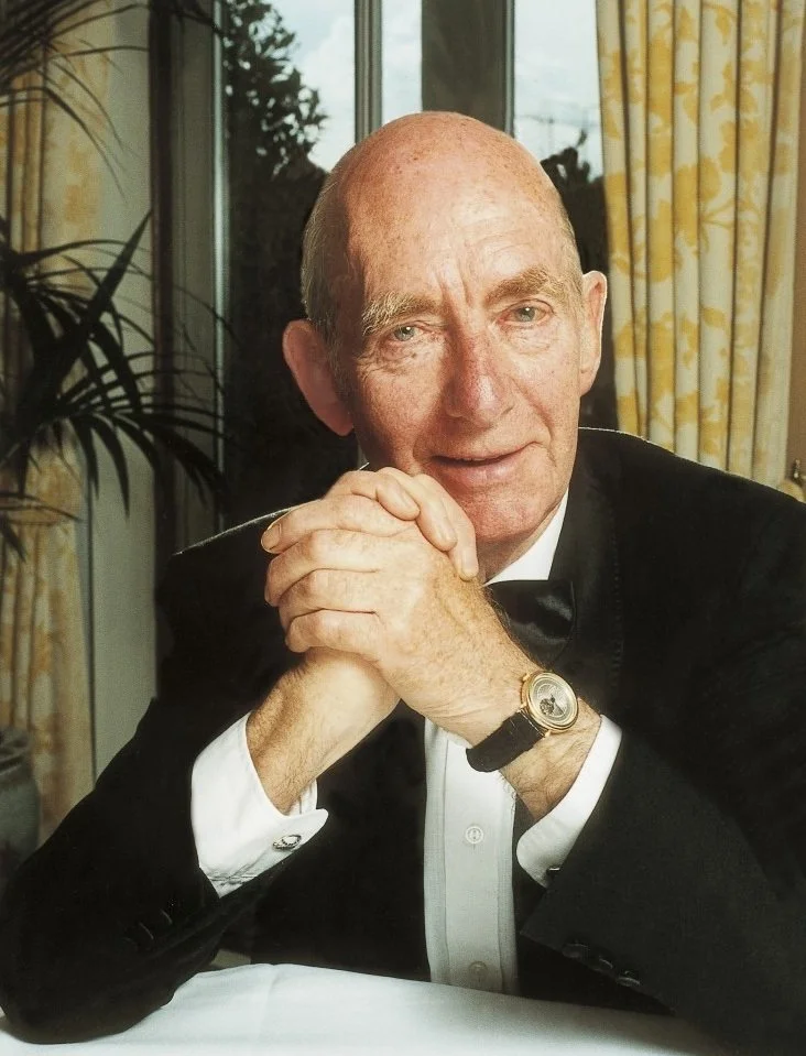 Portrait of Theo Fabergé wearing his prototype wristwatch in 1998.