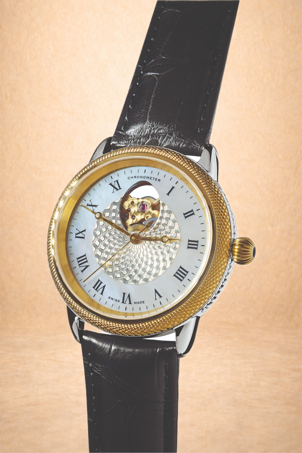 Close-up of a luxury wristwatch with a gold bezel, black leather strap, and a white dial featuring Roman numerals and an open-heart design exposing some watch gears.