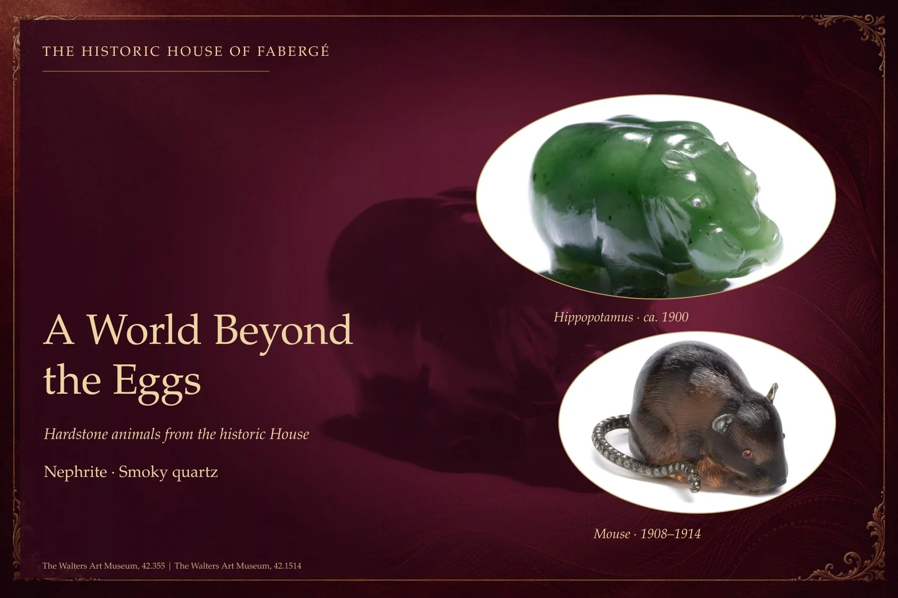 Original museum photographs of a nephrite Fabergé hippopotamus from about 1900 and a smoky-quartz mouse dated 1908–1914.