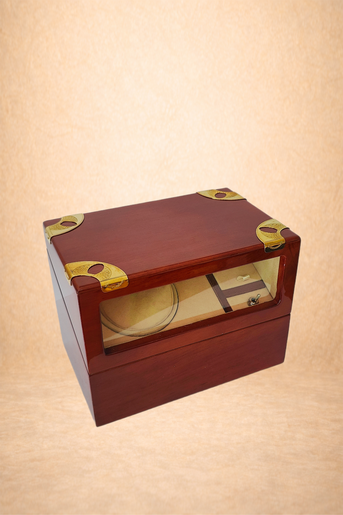 A wooden display box with a glass front showcasing various watch parts inside, sealed with golden corner protectors.