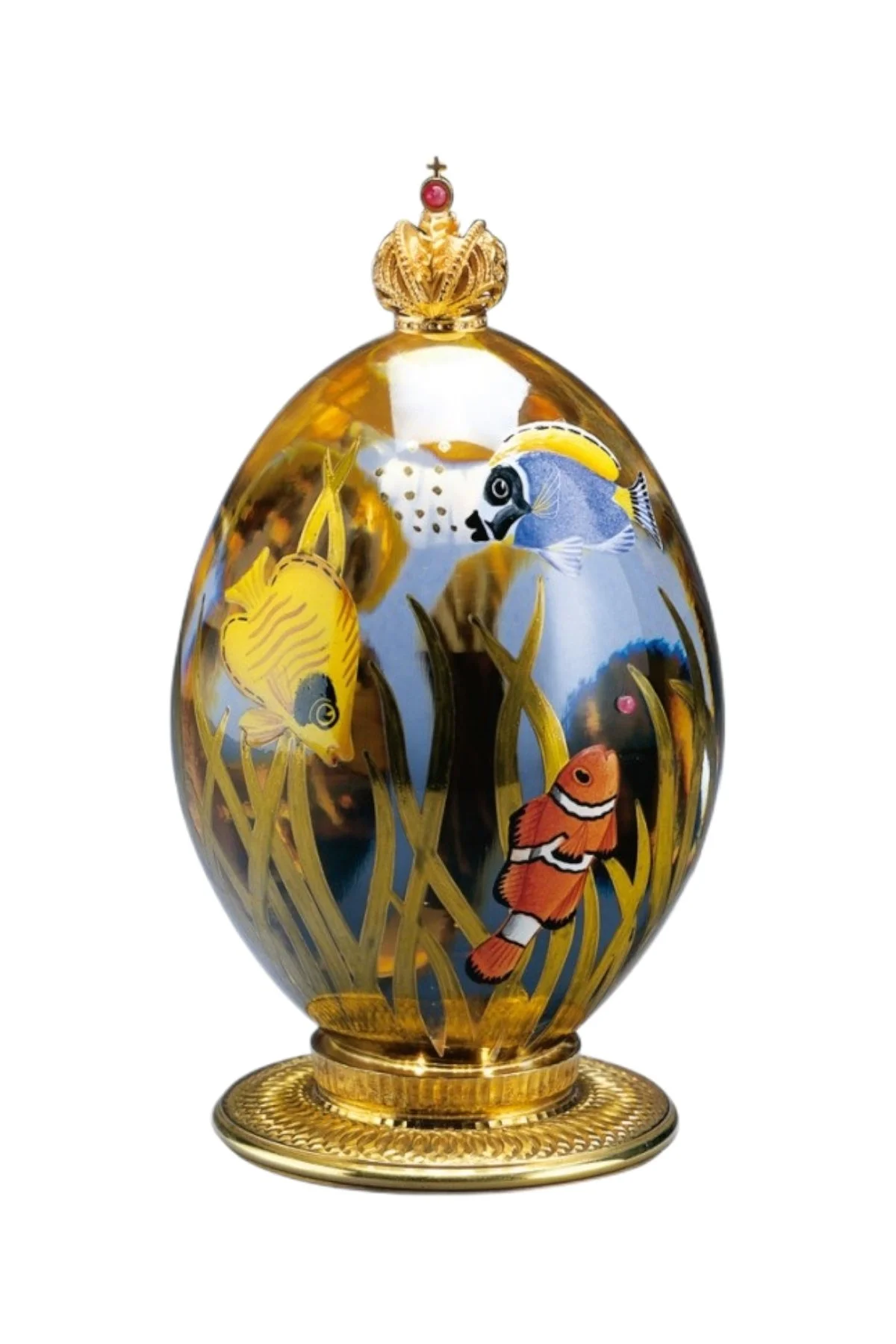 Ocean egg creation by Theo Fabergé inspired by marine life and oceanic landscapes crafted in enamel and gold.