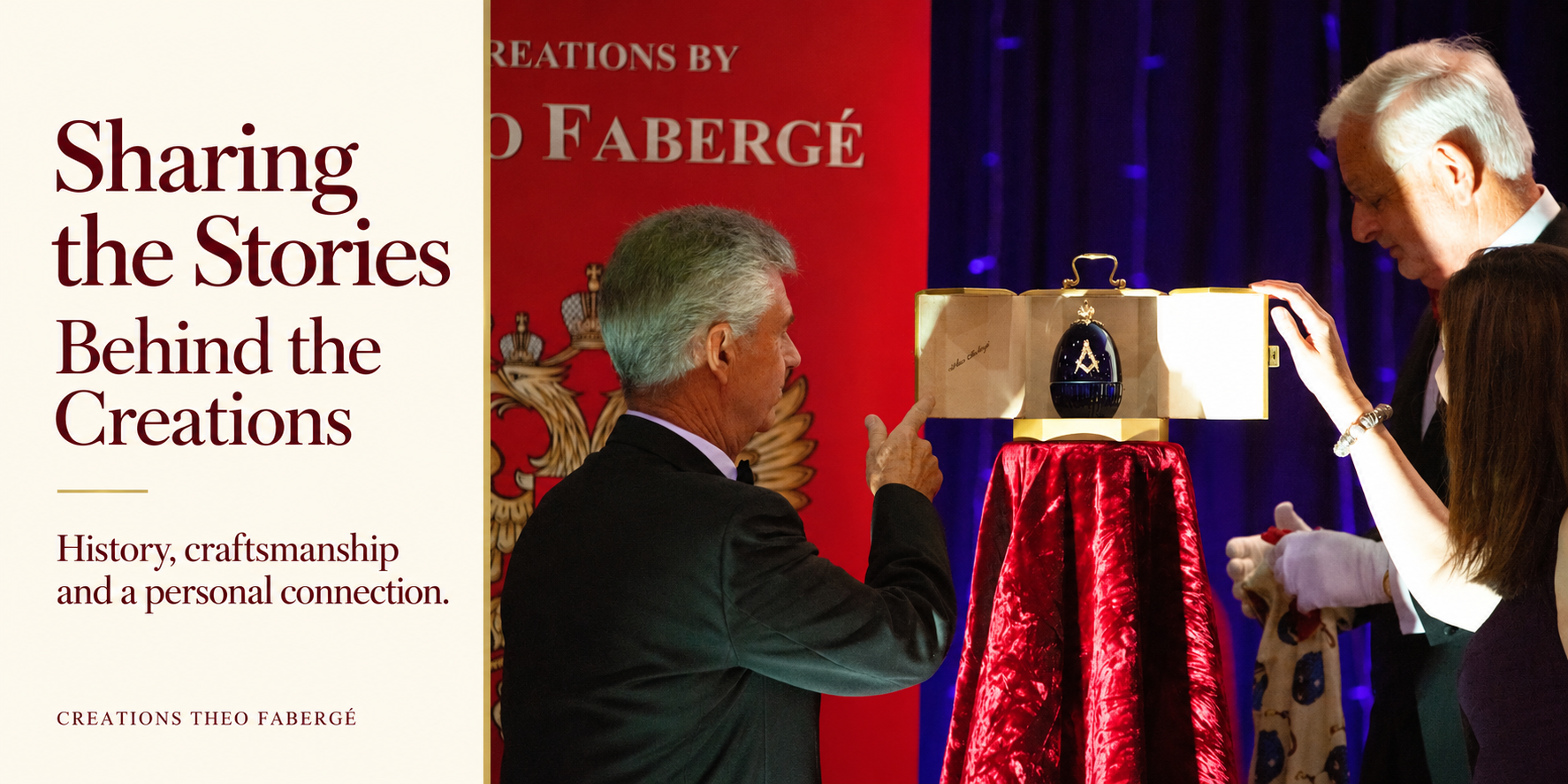 Philip Birkenstein presenting an Egg Creation in its open gold presentation case to guests.