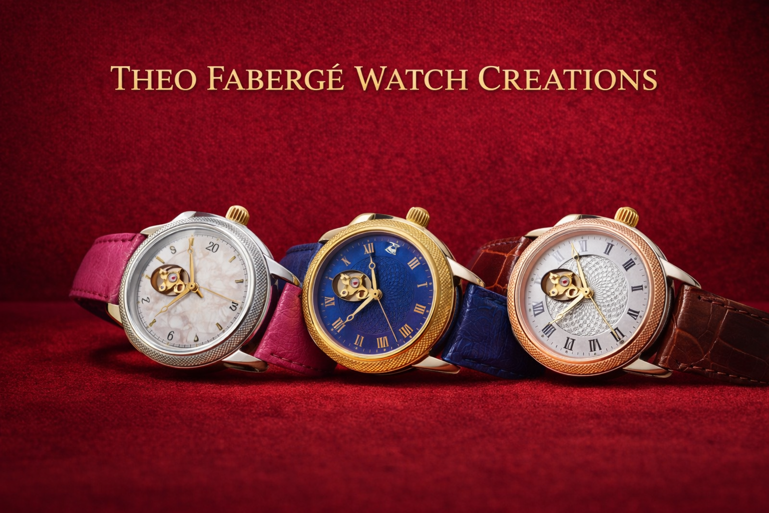 A selection of Swiss-made Theo Fabergé watches with engine-turned dials and signature egg-shaped apertures.