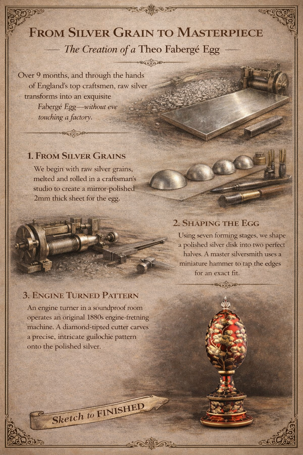 Traditional silversmithing process transforming raw silver grains into the structure of a handcrafted Fabergé egg.