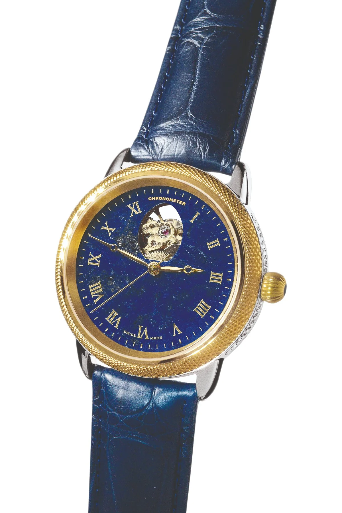 Theo Fabergé Series 4 chronometer model TF407 with 18 kt yellow gold bezel, sterling silver case and lapis lazuli dial featuring the Fabergé egg cut-out aperture.