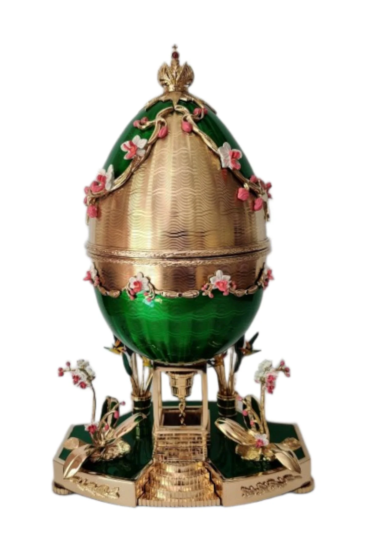 Garden Egg Creation by Theo Fabergé with floral motifs, coloured enamel and gold details.