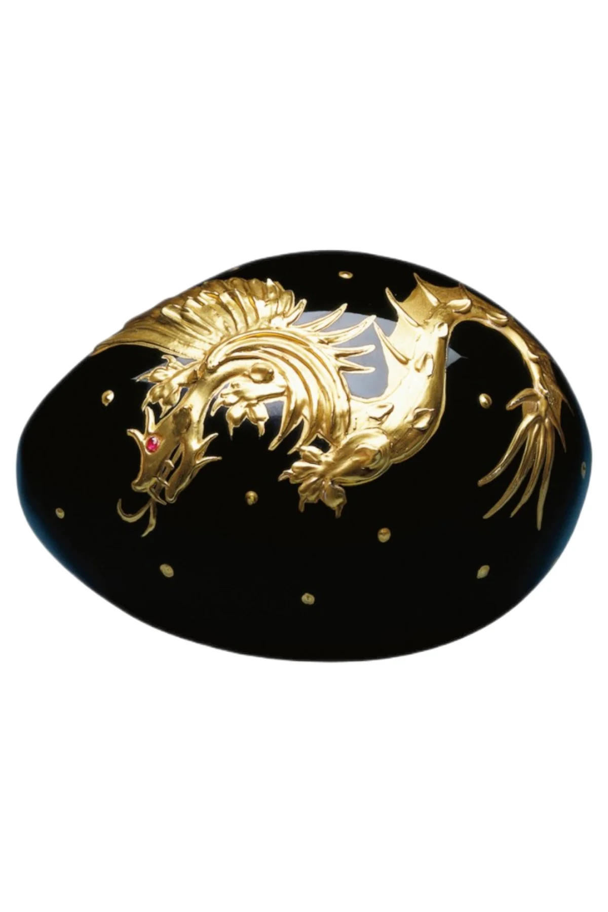 Dragon egg creation by Theo Fabergé inspired by mythical dragons with intricate gold and enamel craftsmanship.