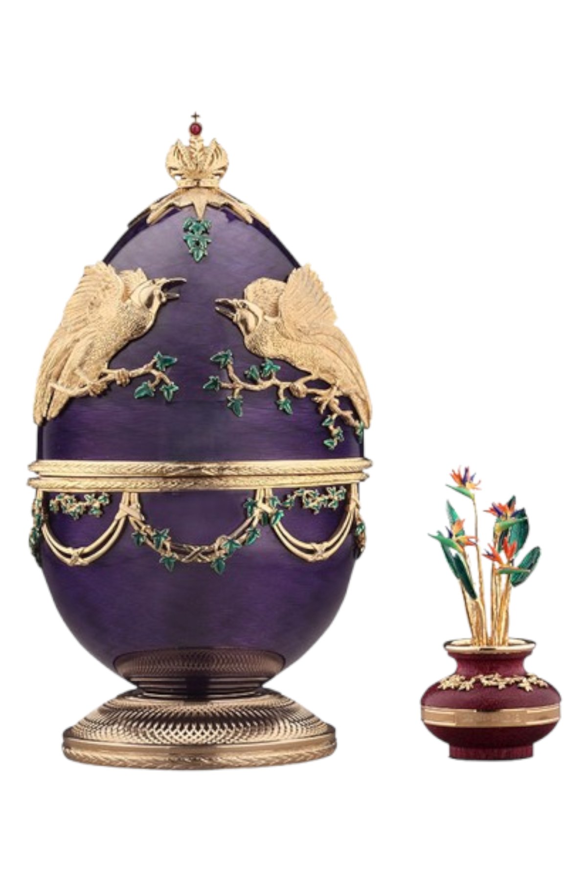 Bird Of Paradise Egg open to reveal its handcrafted surprise.